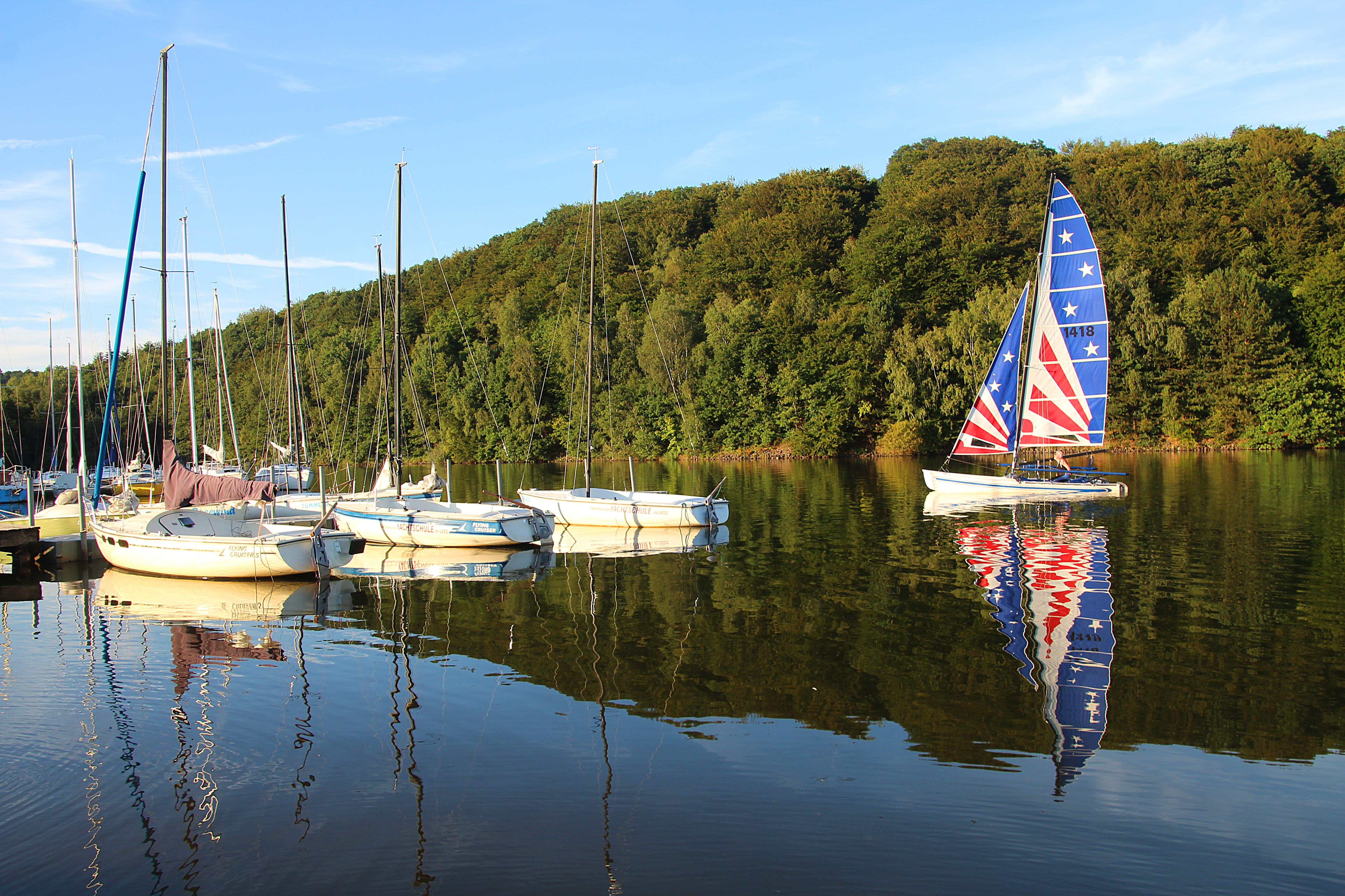 saarland, hobby, reflection, moored, water, plant, lake, tree, sailing boat, colorful sailing, nature, sail, travel, beauty in nature, waterfront, sailing, HD Wallpaper