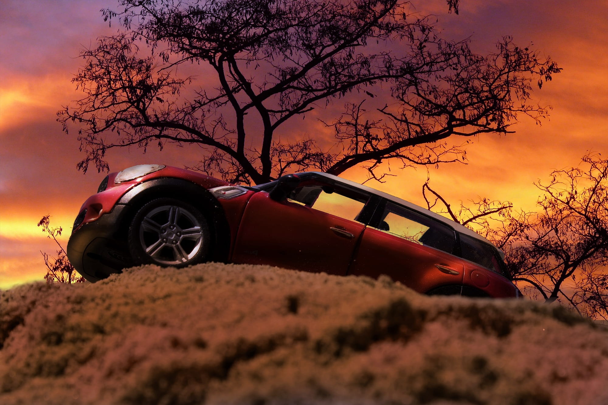 romantic, hatchback, glow, land vehicle, sha, the embers, non-urban scene, sky, cloud, beauty in nature, mini, beach, red, sunset, plant, colorful, toys, HD Wallpaper