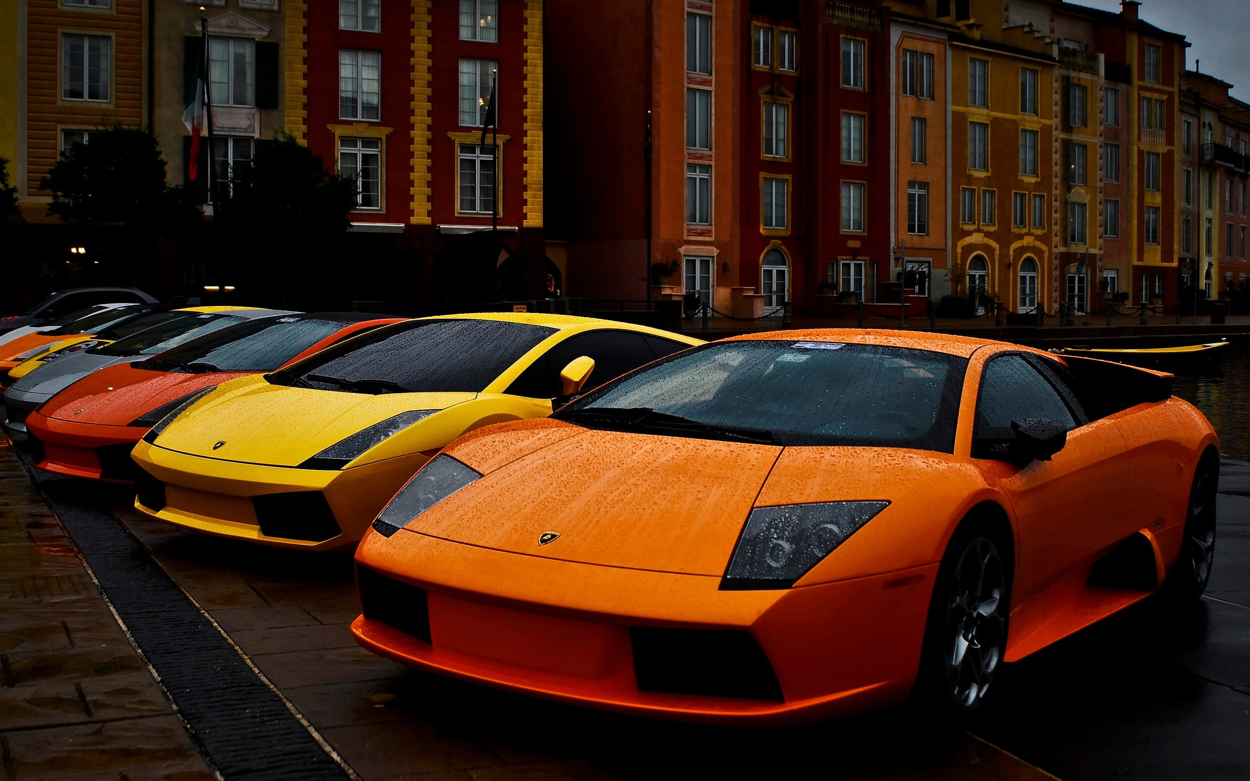 red cars, rain, orange cars, 2K, car, house, yellow cars, street, silver cars, Lamborghini, vehicle, HD Wallpaper