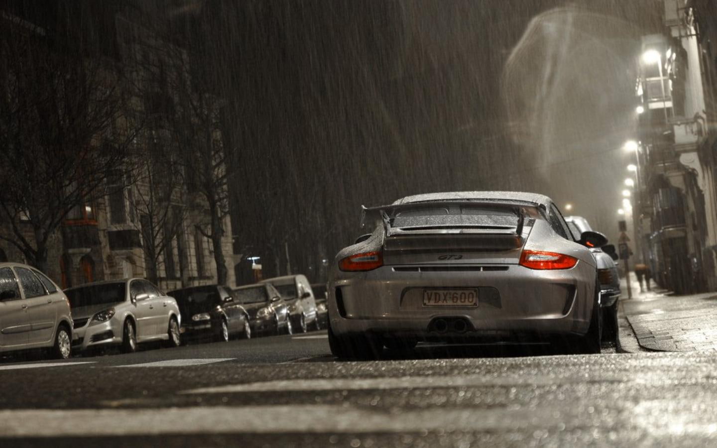 porsche, cars, silver, belgium, 911, streets, night, 720P, rain, gt3, HD Wallpaper