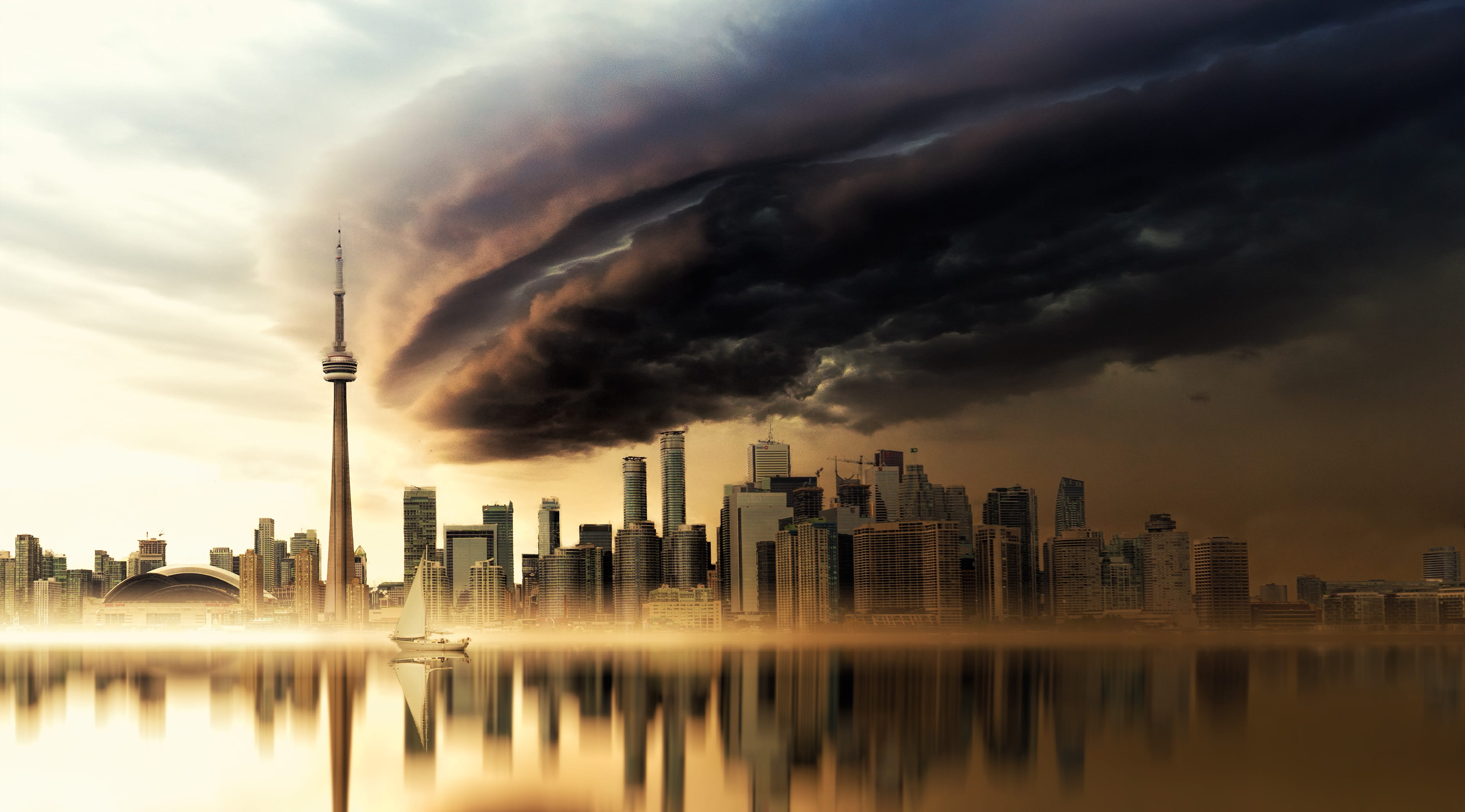 nature, tower, city, storm front, imposing, travel destinations, sunset, no people, cloud, canada, spire, sky, skyline, a thunderstorm cell, financial district, HD Wallpaper