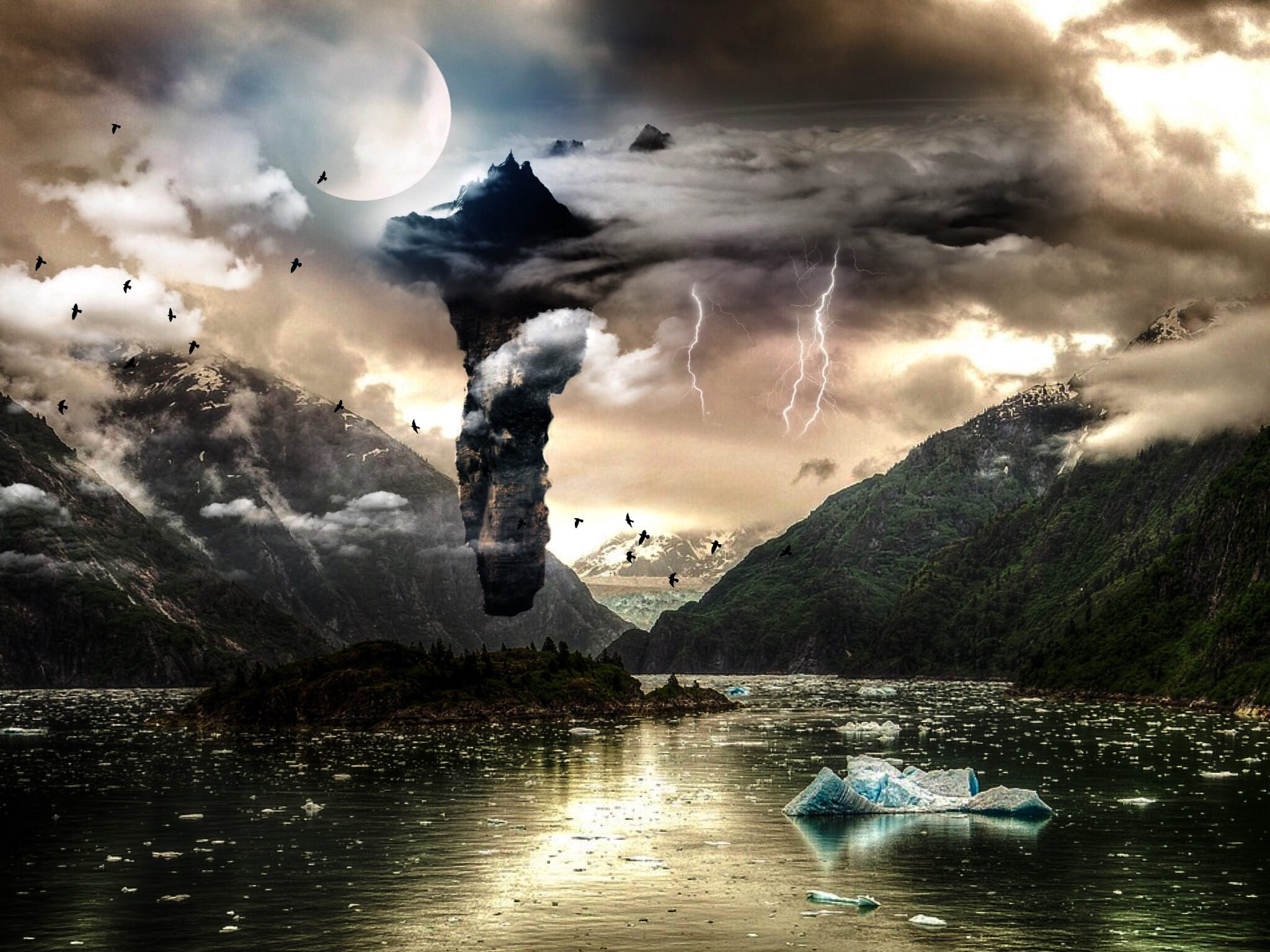 scenics - nature, star, fantastic, cloud - sky, birds, 1080P, non-urban scene, forward, moon, flash, water, nature, mirroring, clouds, lake, gray, thundercloud, HD Wallpaper