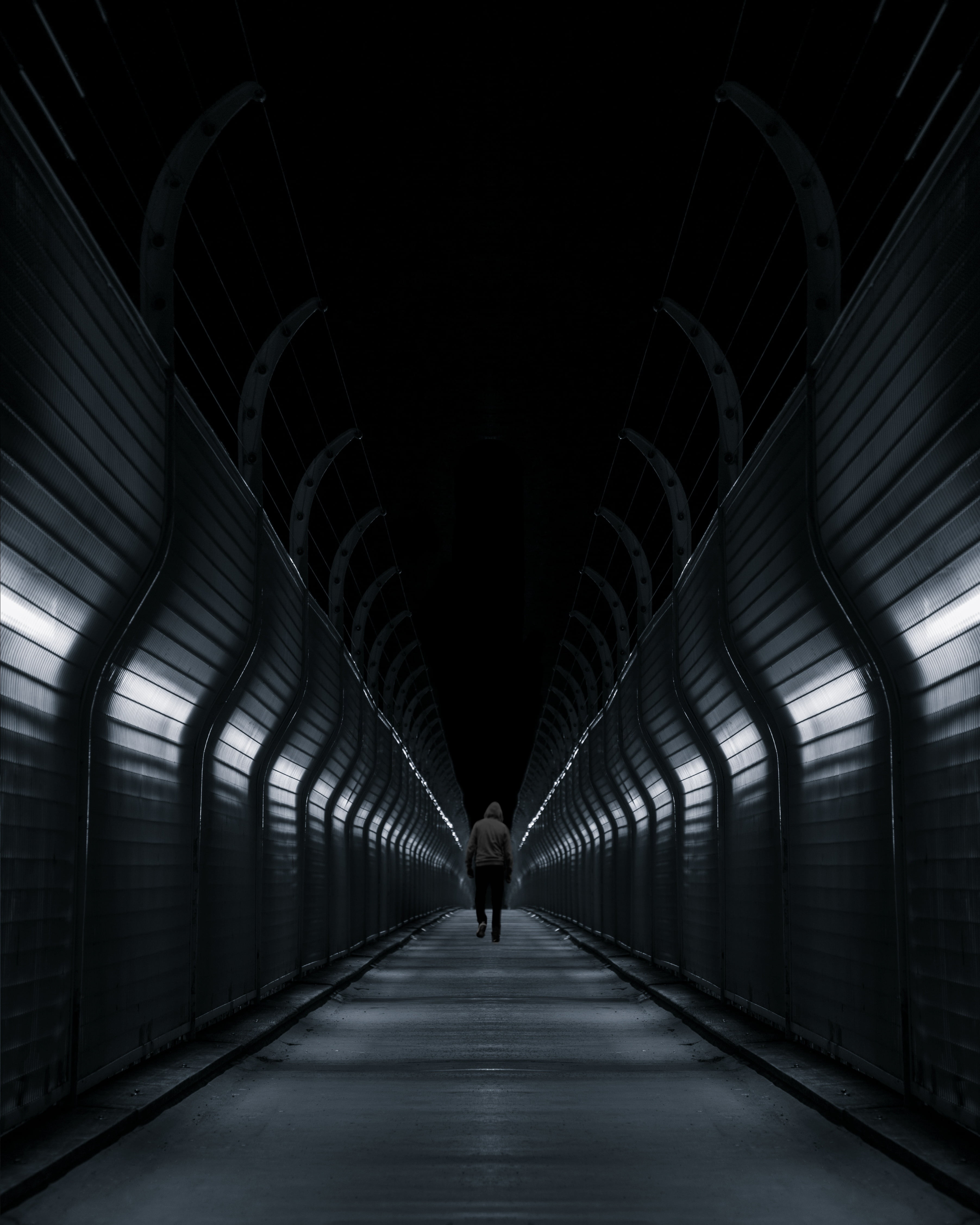 architecture, bridge, 4K, real people, indoors, ceiling, rear view, transportation, direction, light at the end of the tunnel, diminishing perspective, Phone HD Wallpaper
