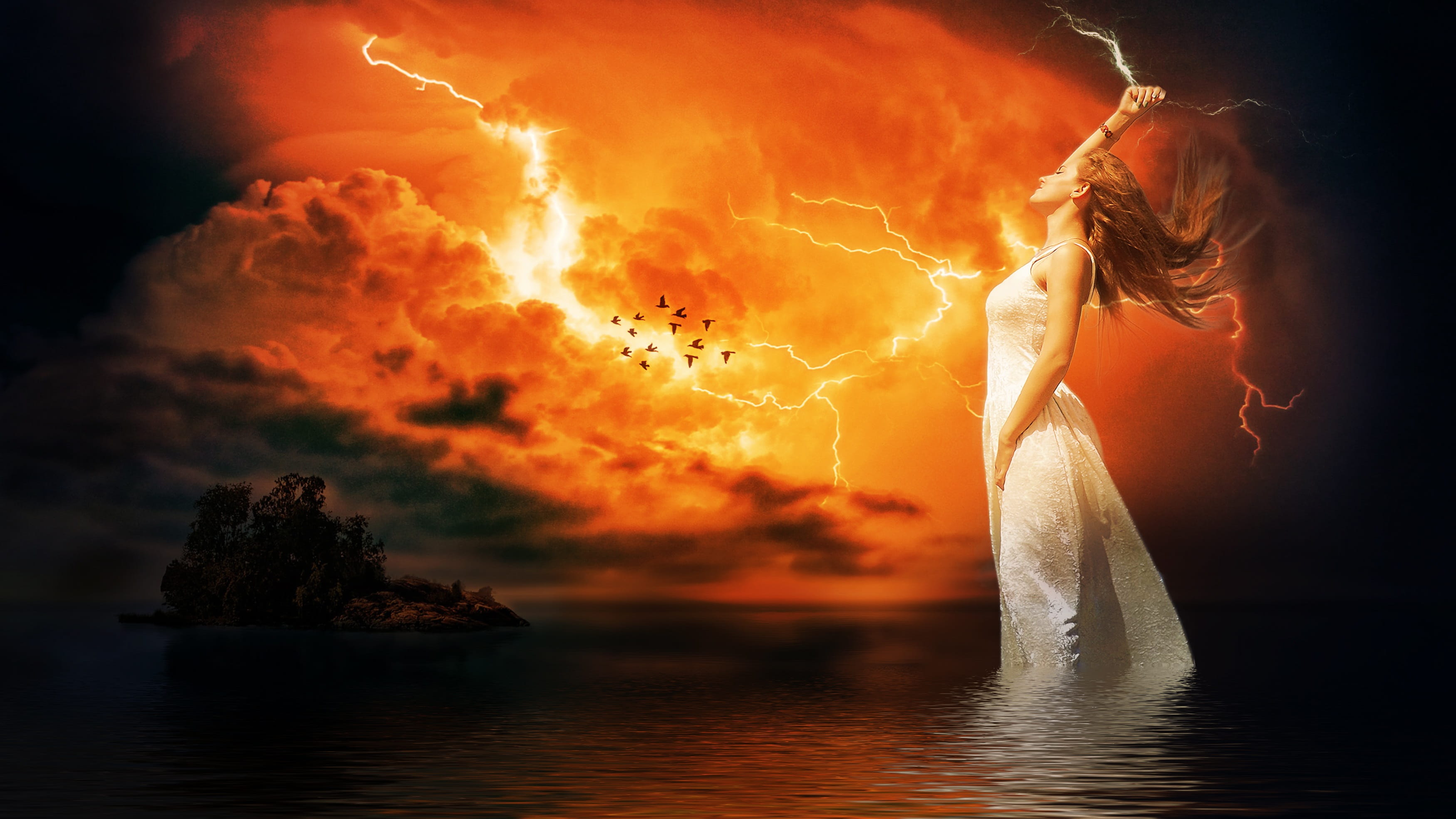 burning, thunderstorm, one person, epic, dream, women, model, water, goddess, adult, fantasy, sea, young adult, woman, nature, light, female, side view, HD Wallpaper