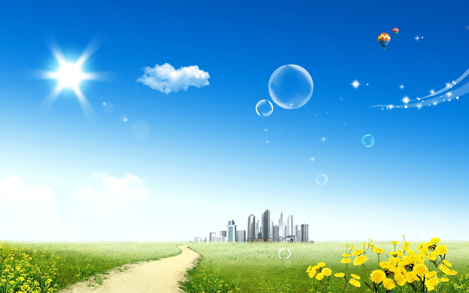 vector, sunlight, sky, nature, 1080P, cloud - Sky, summer, no people, multi Colored, air, meadow, bubble, rural Scene, horizon, horizon Over Land, building, HD Wallpaper