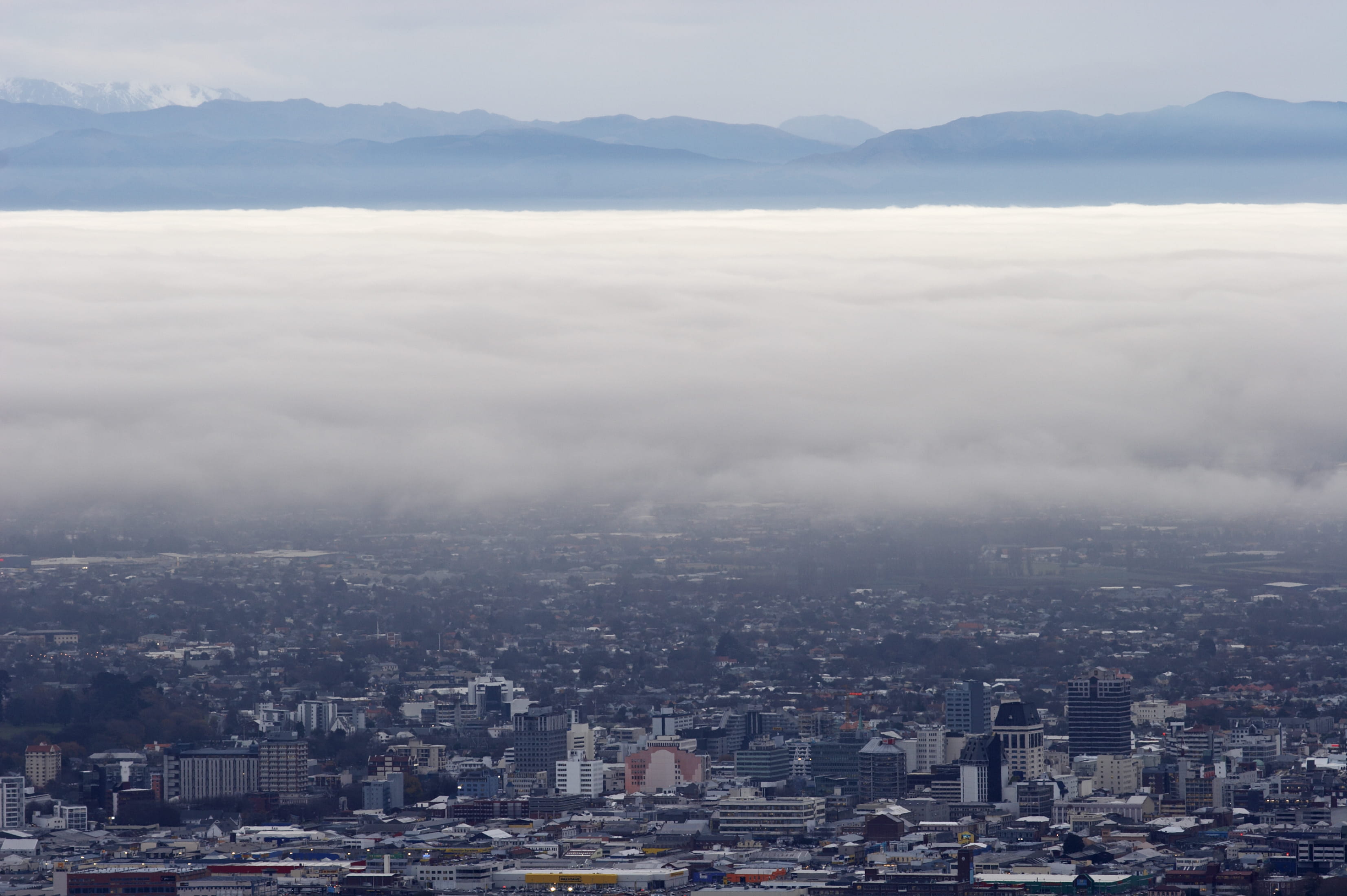 high angle view, mountain, landscape, sky, no people, building exterior, christchurch, mountains, fog, nature, residential district, architecture, 2K, HD Wallpaper