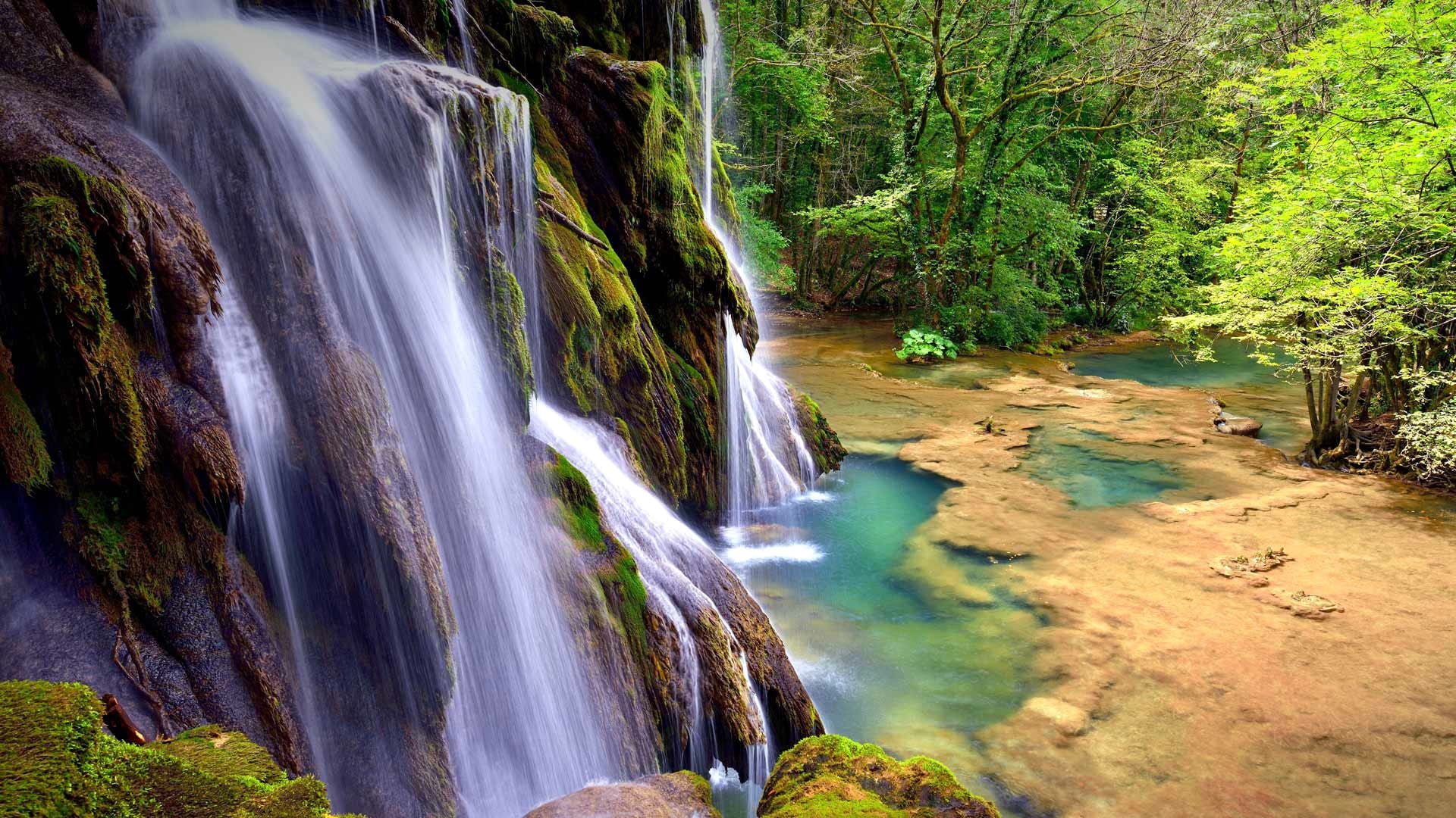 trees, France, Franche-Comté, stream, franche, Jura, 1080P, waterfall, comt, rock, HD Wallpaper
