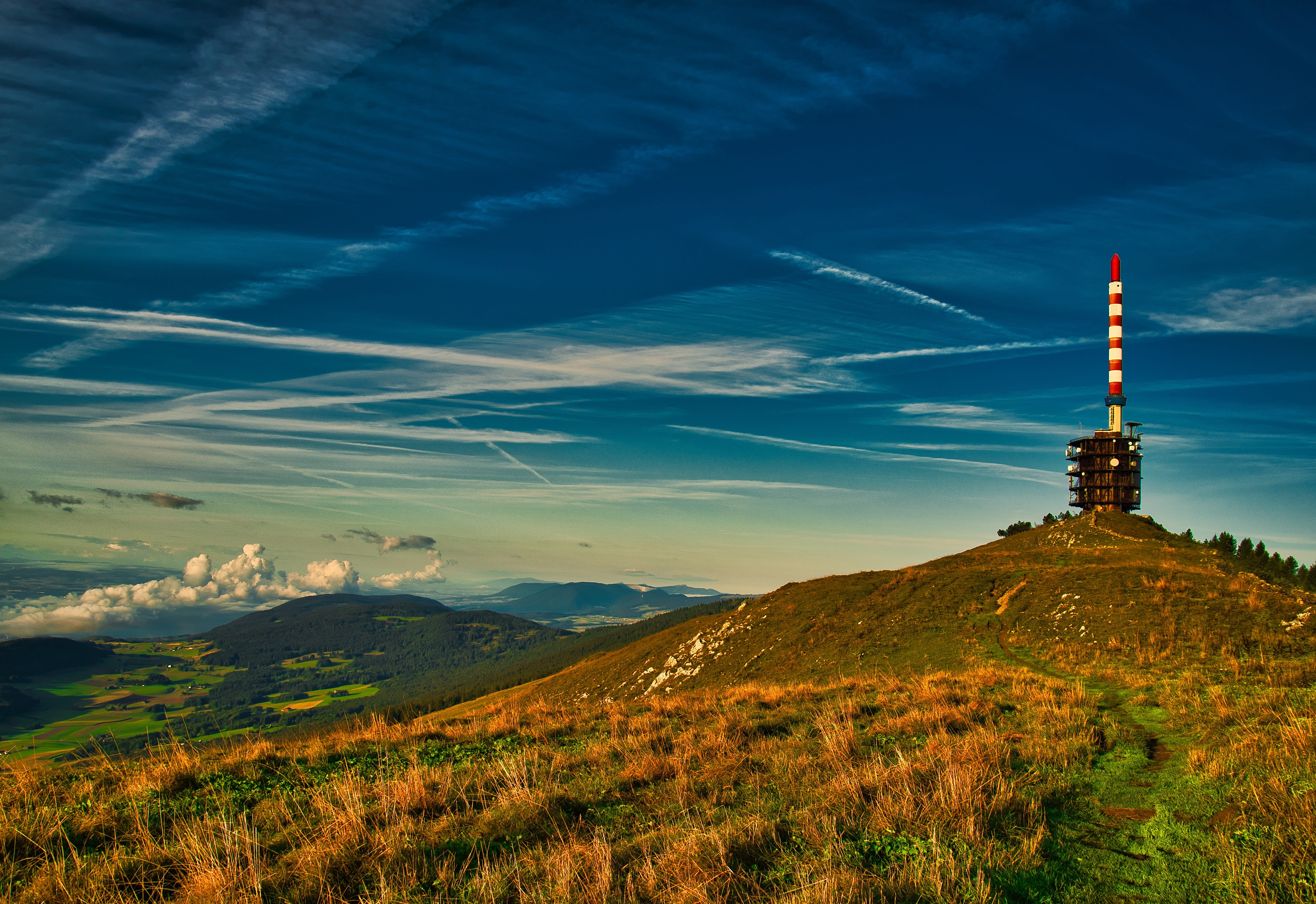 chasseral, blue, spire, architecture, wide angle, building exterior, building, cloud - sky, view, tower, beauty in nature, sky, jura, land, landscape, panorama, HD Wallpaper