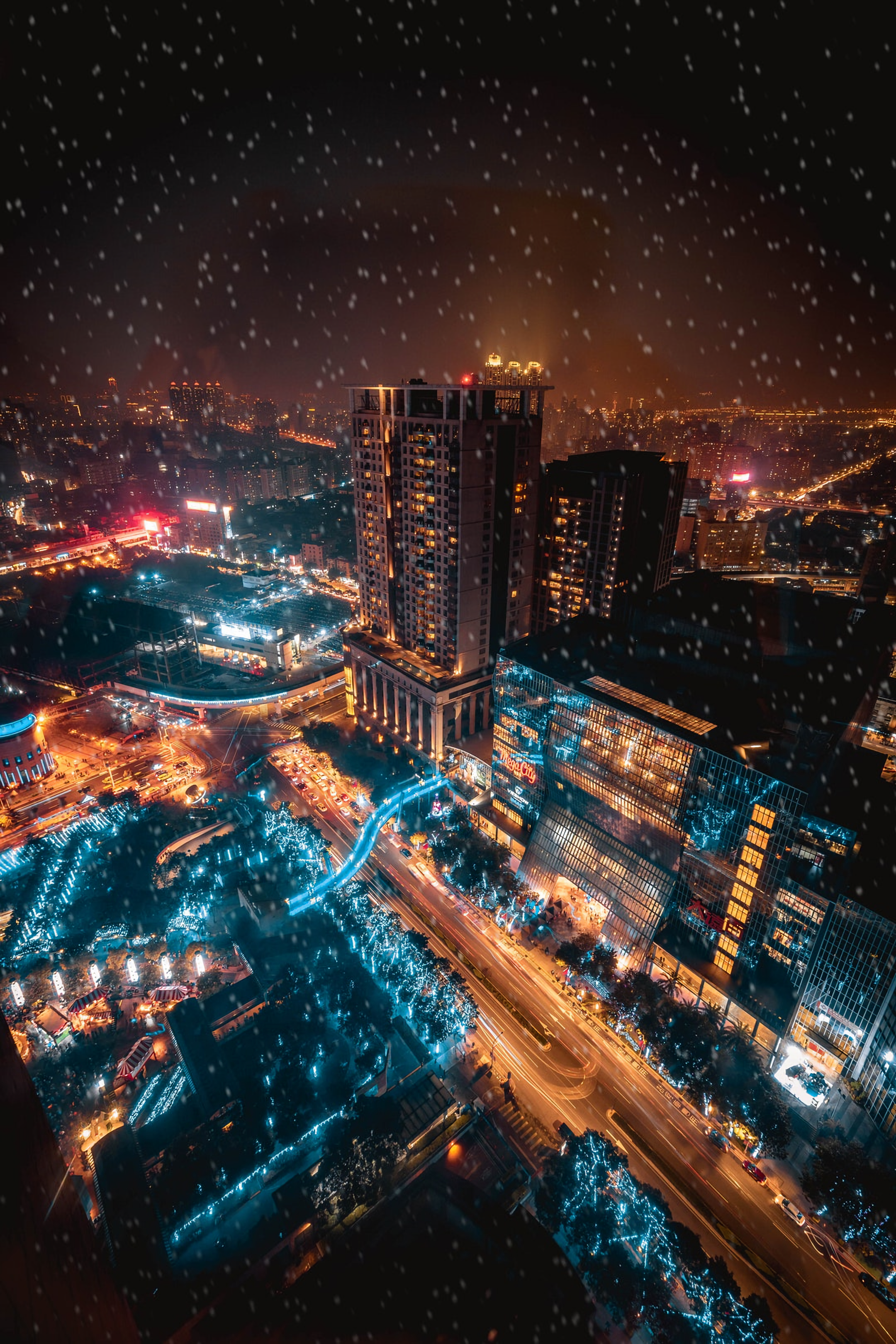 high angle view, nightlife, residential district, city life, street, tall - high, illuminated, 2K, cityscape, city lights, night city, snowfall, building exterior, Phone HD Wallpaper