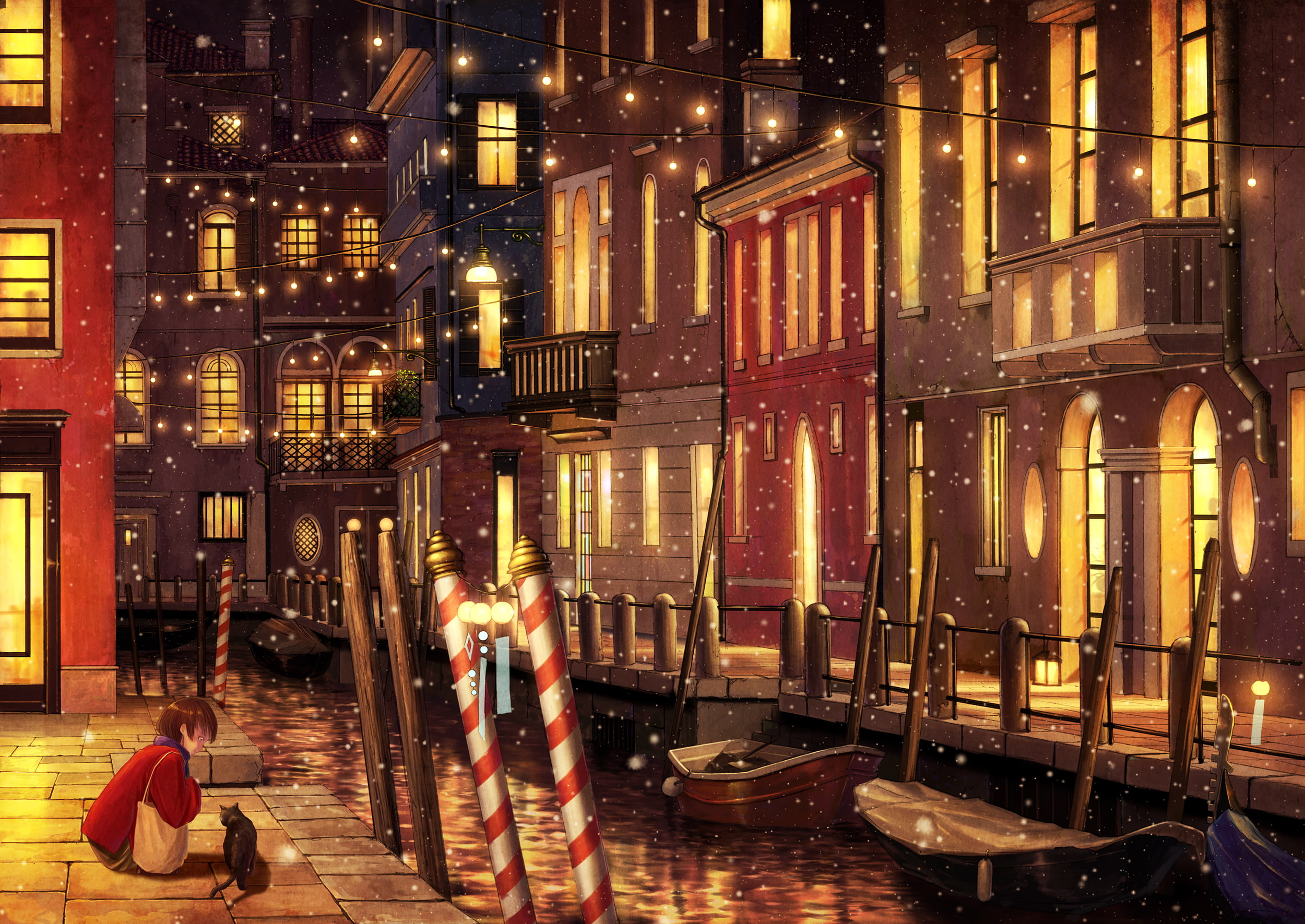 Anime, 1080P, Christmas Lights, Brown Hair, Boat, City, Short Hair, Original, Cat, Snowfall, Bag, HD Wallpaper
