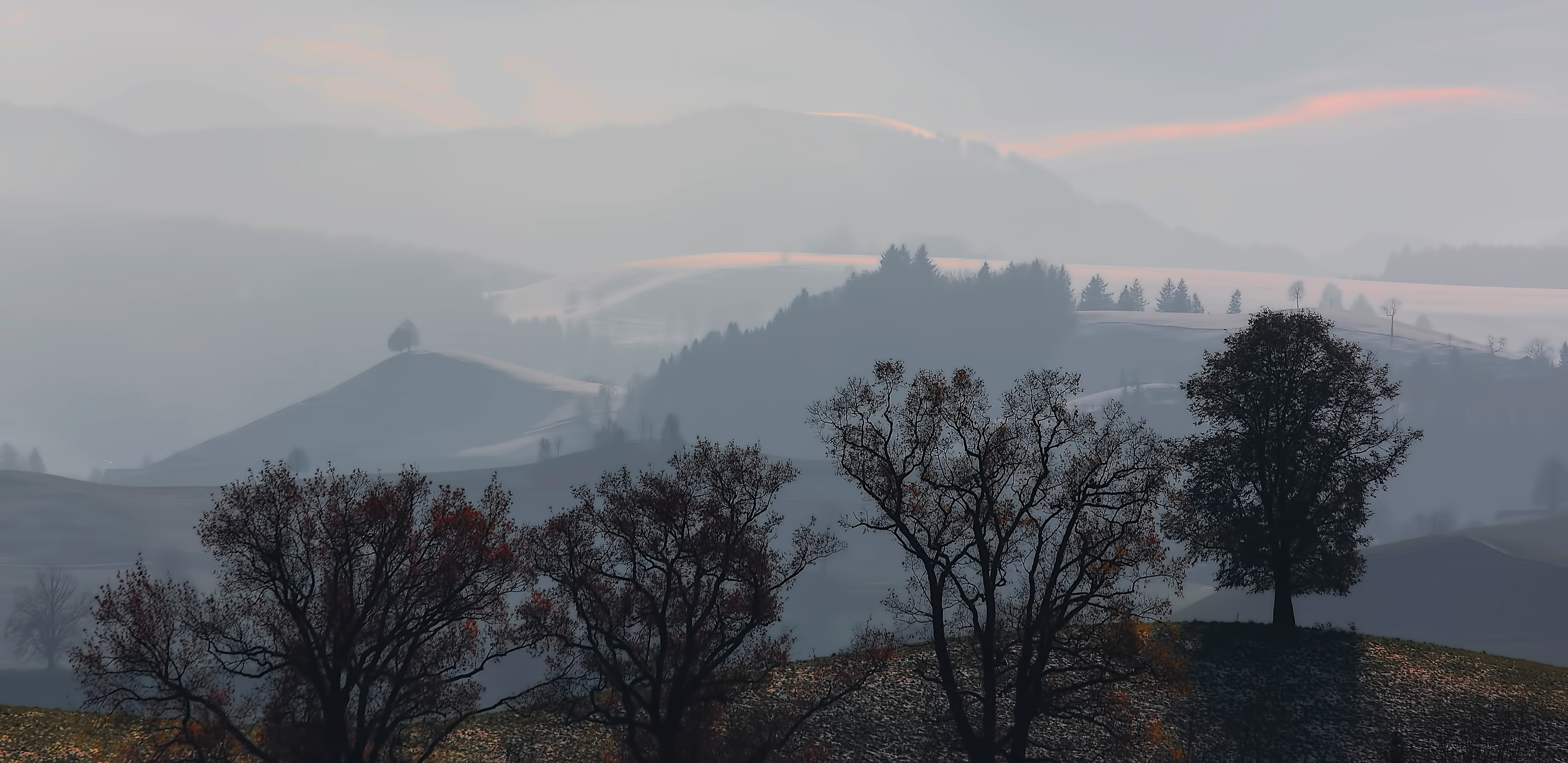 idyllic, forest, hill, sky, winter, sunset, scenics - nature, 5K, tranquil scene, cold temperature, mountain, gold, cloud - sky, hazy, snow, hirzel, nature, HD Wallpaper