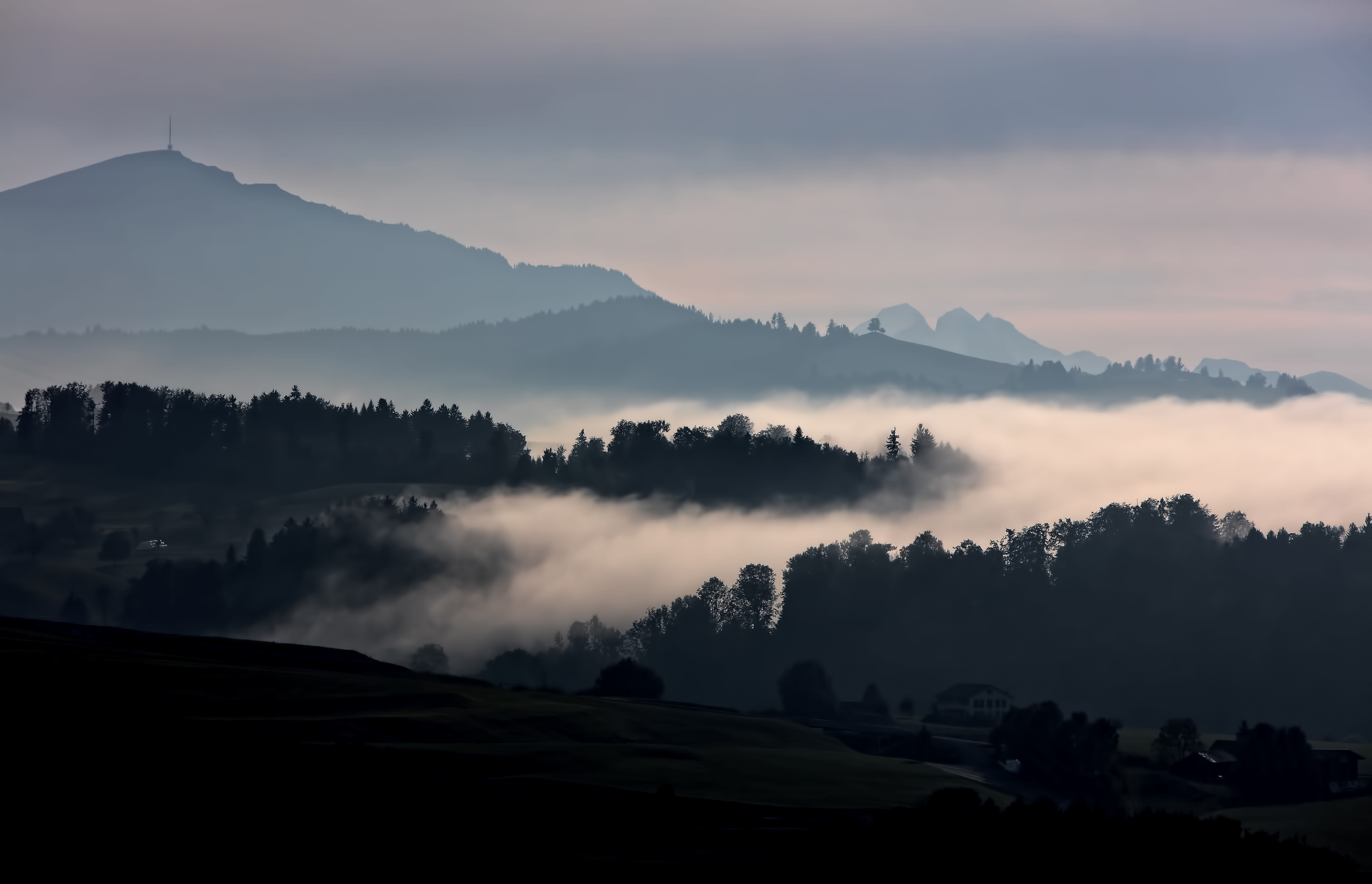 beauty in nature, covered, outdoors, peak, cloud - sky, switzerland, landscape, no people, mountain, trees, mountain range, tranquil scene, layer, HD Wallpaper