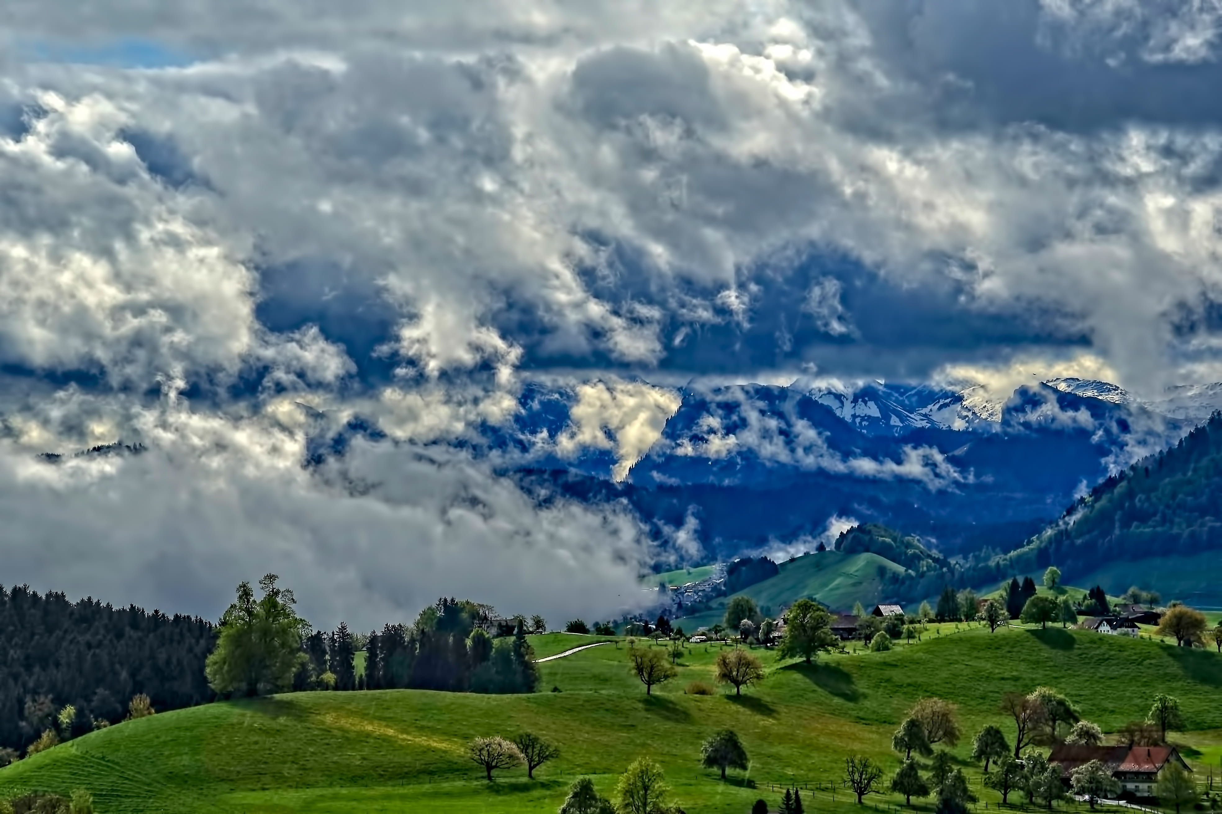 mountain, plant, farm, road, scenics - nature, house, outdoors, fog, snow, tranquil scene, cloud, alps, beauty in nature, cloud - sky, no people, shadow, HD Wallpaper