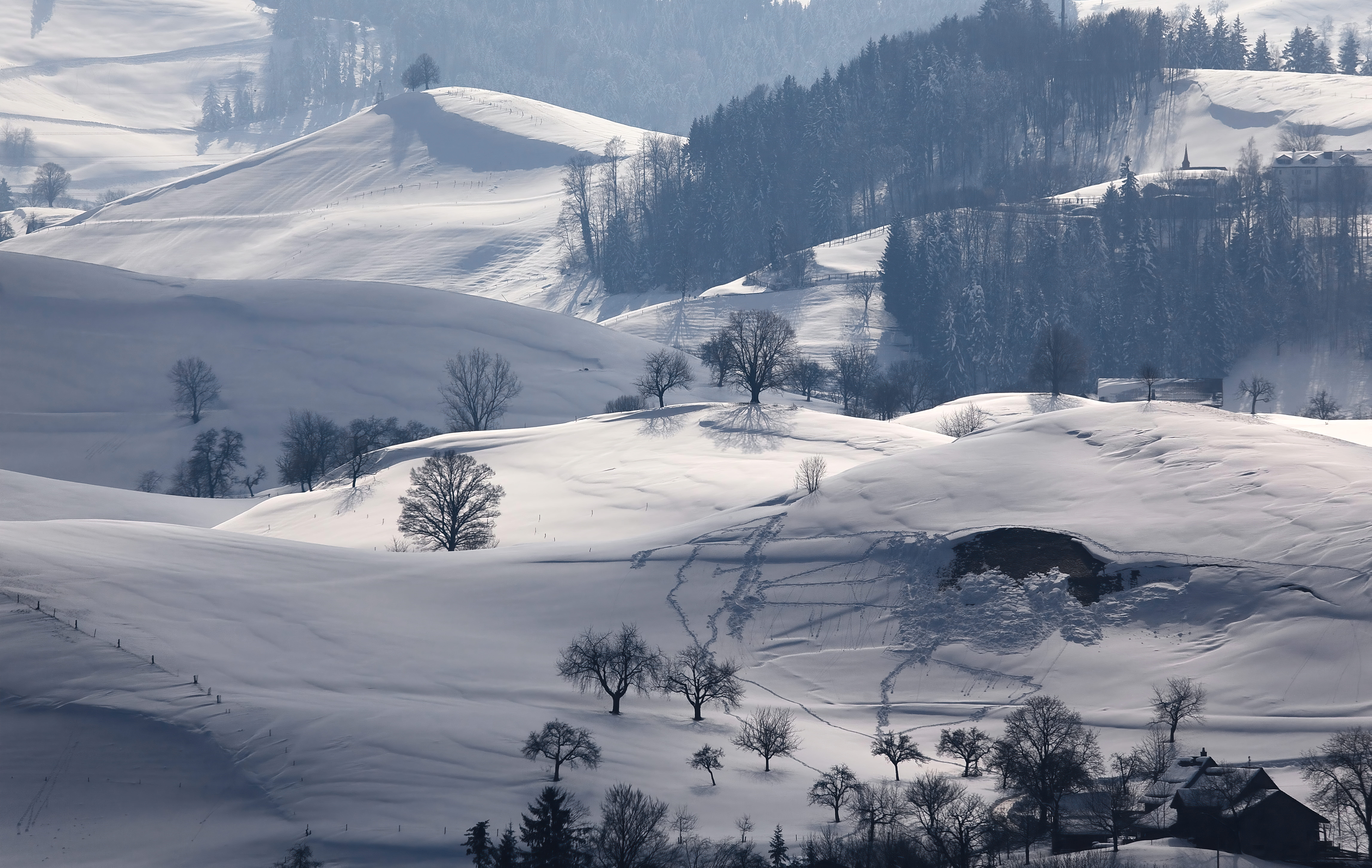 sports, glacier, scenery, cold temperature, white color, fir, covering, snowy, outdoors, tranquility, piste, tree, snow, peak, tranquil scene, house, mountain, HD Wallpaper