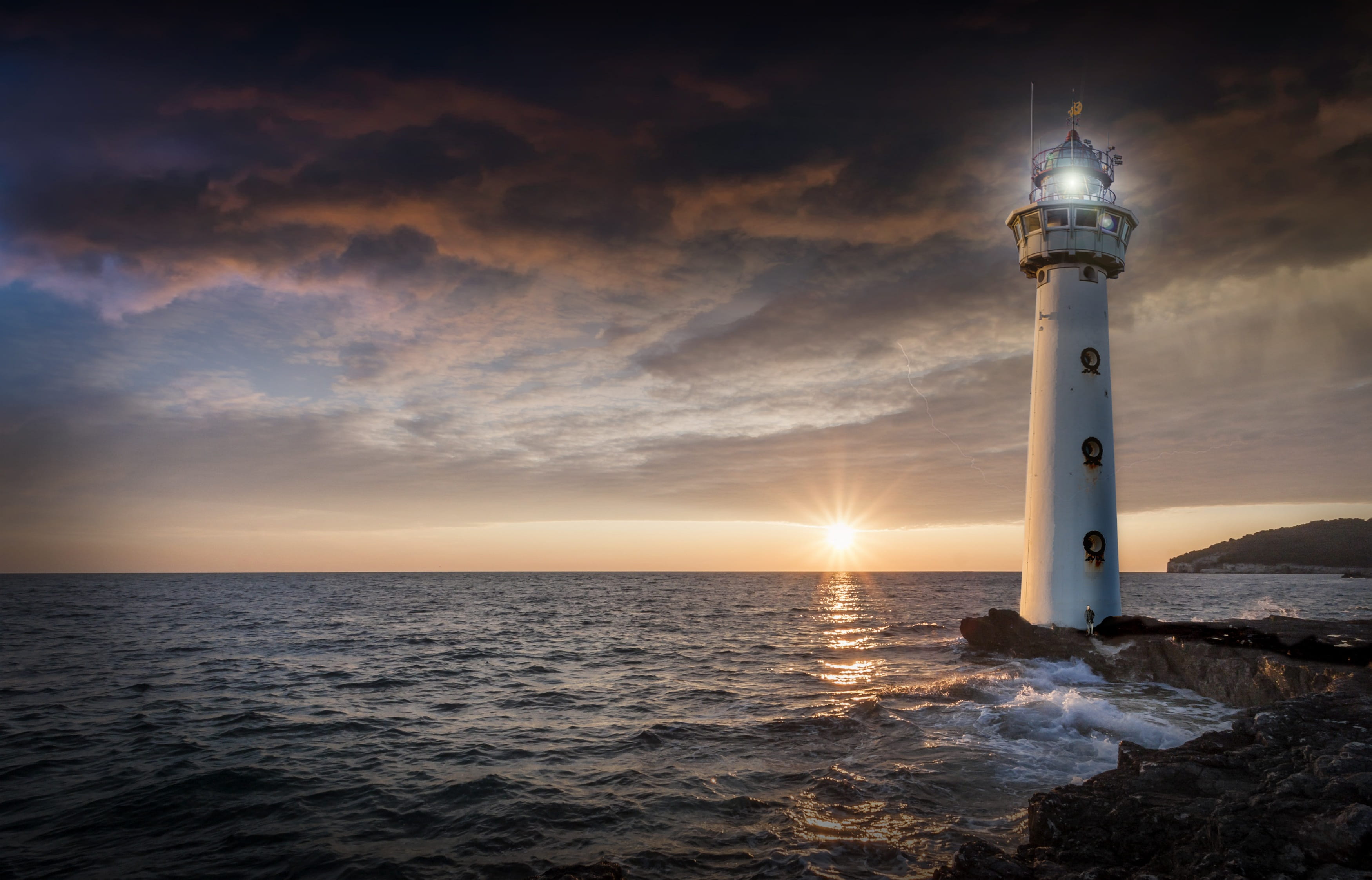 sky, gloomy, no people, architecture, building exterior, tower, built structure, 2K, water, distant, sunset, building, sea, beach, cloud - sky, guidance, HD Wallpaper