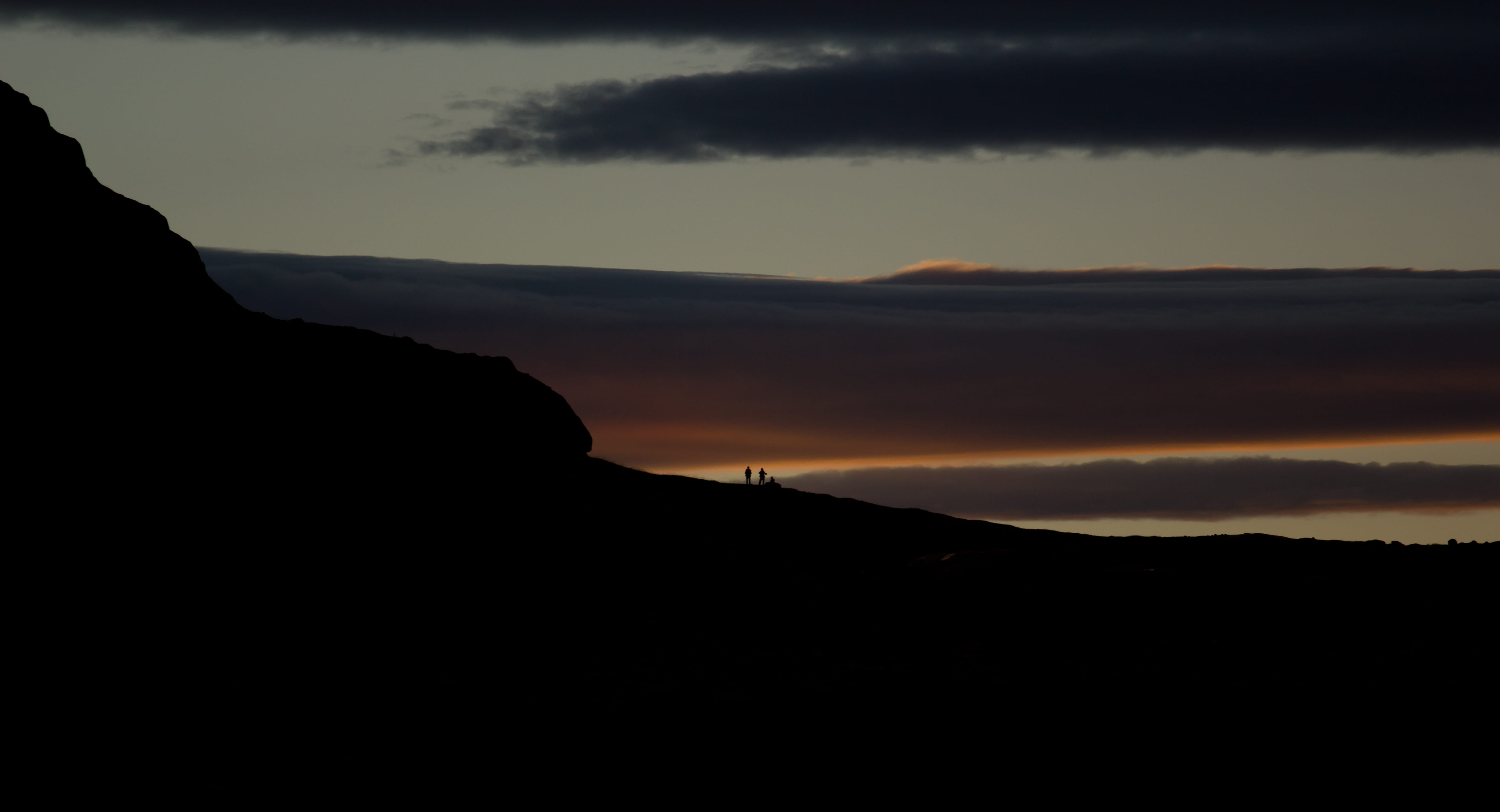 dusk, beauty in nature, orange cloud, people, idyllic, mountain, norway, silhouettes, hiking, silhouette, no people, non-urban scene, copy space, mountain range, HD Wallpaper