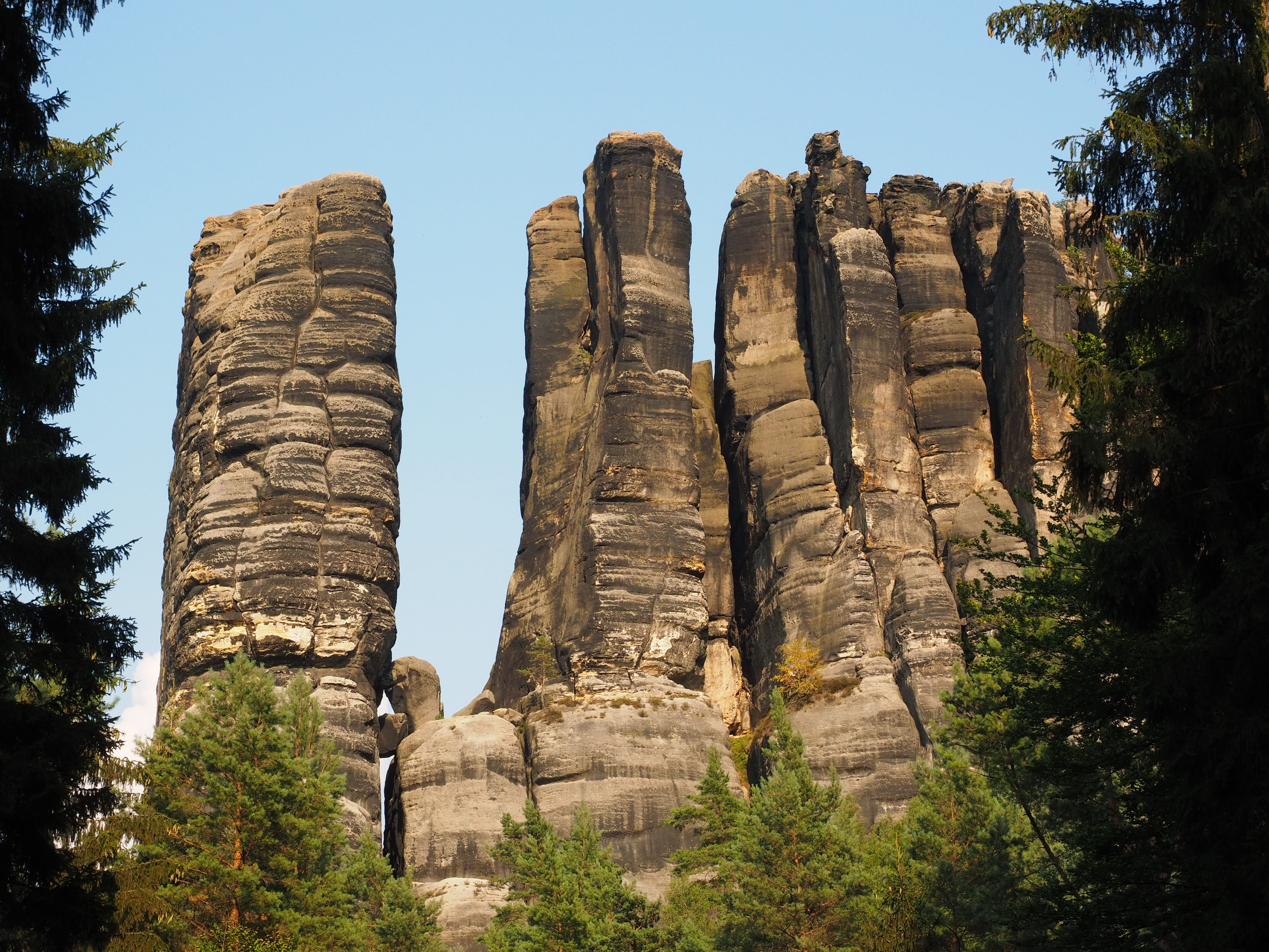 near, sandstone mountain, rock - object, day, rocky reef, saxon switzerland, sky, forest, rock, hiking, the lower monkeys steinweg, rock formation, non-urban scene, HD Wallpaper