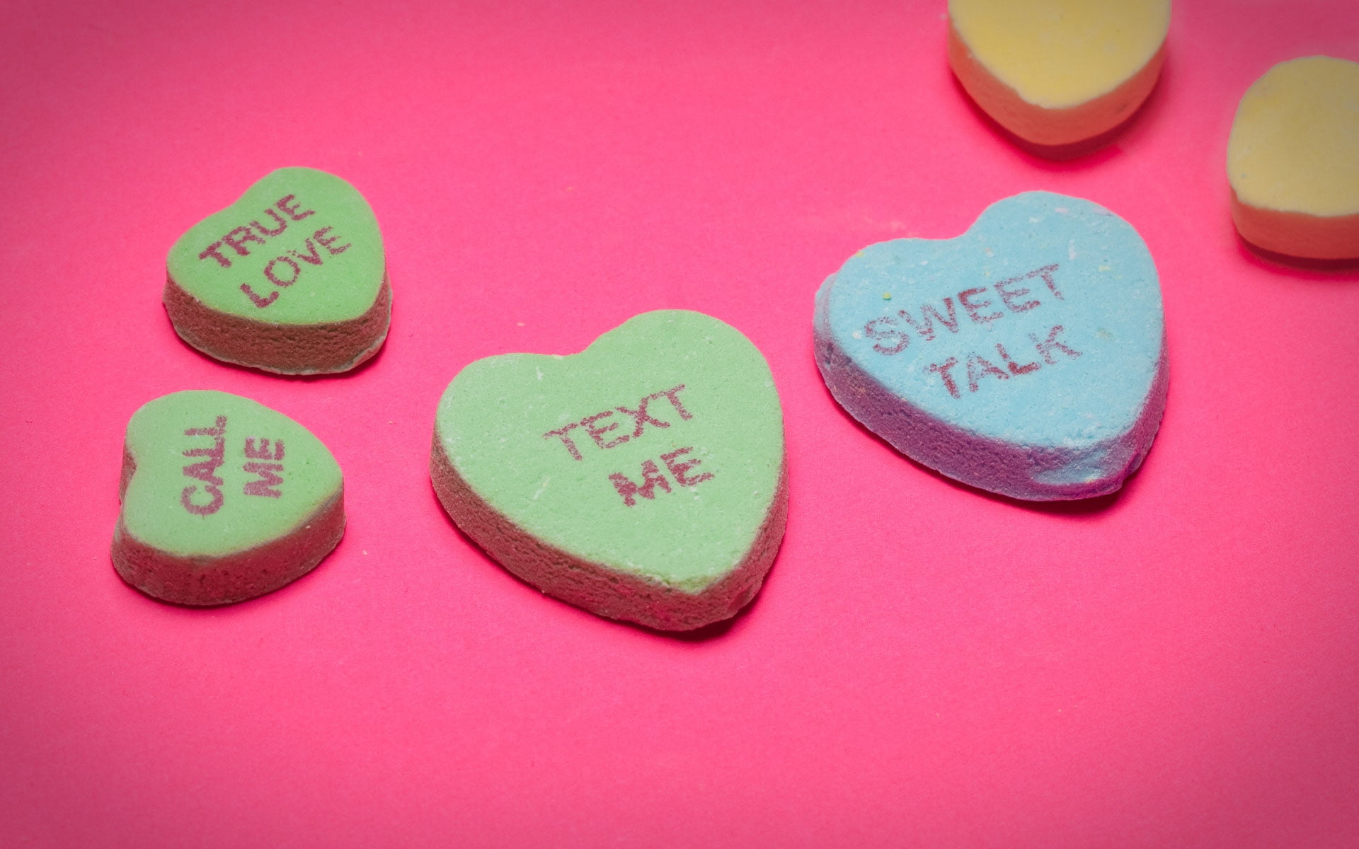 colored background, acceptance, single Word, heart Shape, bright, romance, emotion, love, six, copy space, close-up, candies, 1080P, food, concepts, valentines Day - Holiday, HD Wallpaper