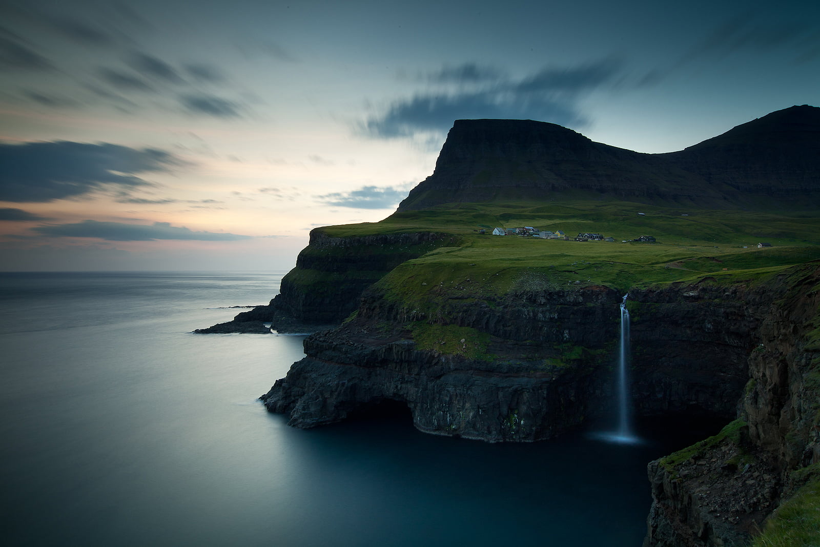 long exposure, cloudy, coastline, beside, dusk, sunset, waterfalls, ocean, accepted, rock - Object, mountain, faroe islands, sea, cliff, landscape, scenics, HD Wallpaper