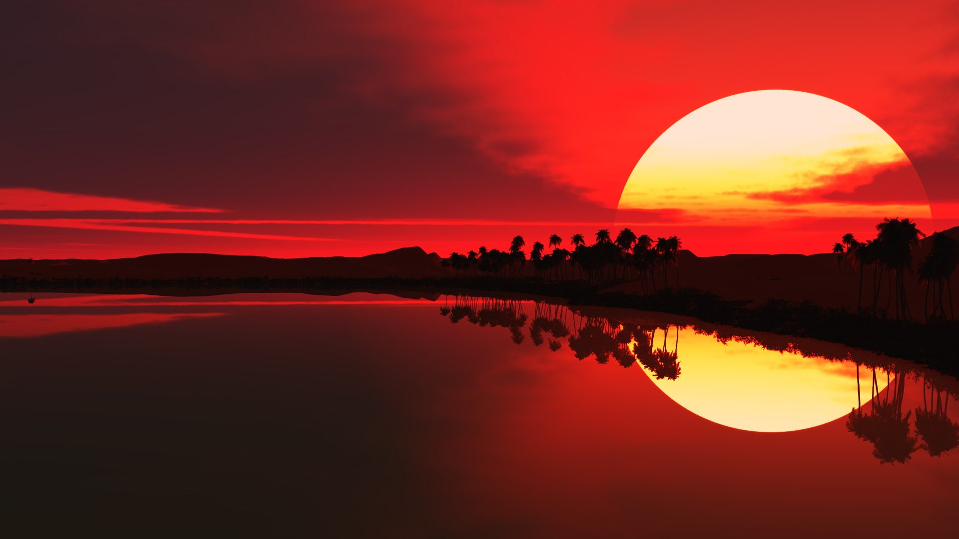sunrise, red, 1080P, palm, trees, Water, lakes, sillhouette, HD Wallpaper