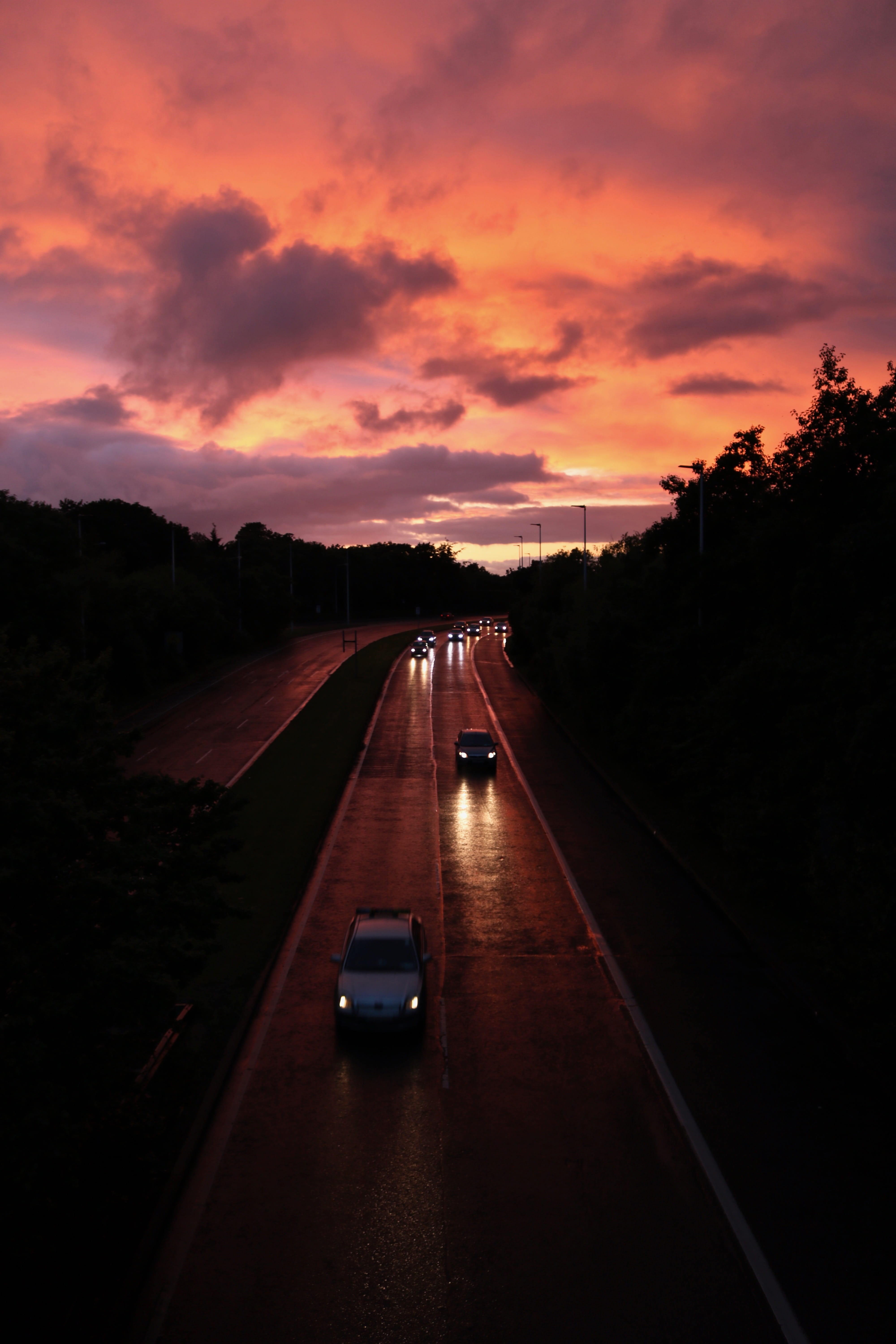traffic, nature, dusk, commuting, travel, drive, 5K, vehicles, multiple lane highway, road trip, street, motion, glow, city, on the move, orange color, Phone HD Wallpaper