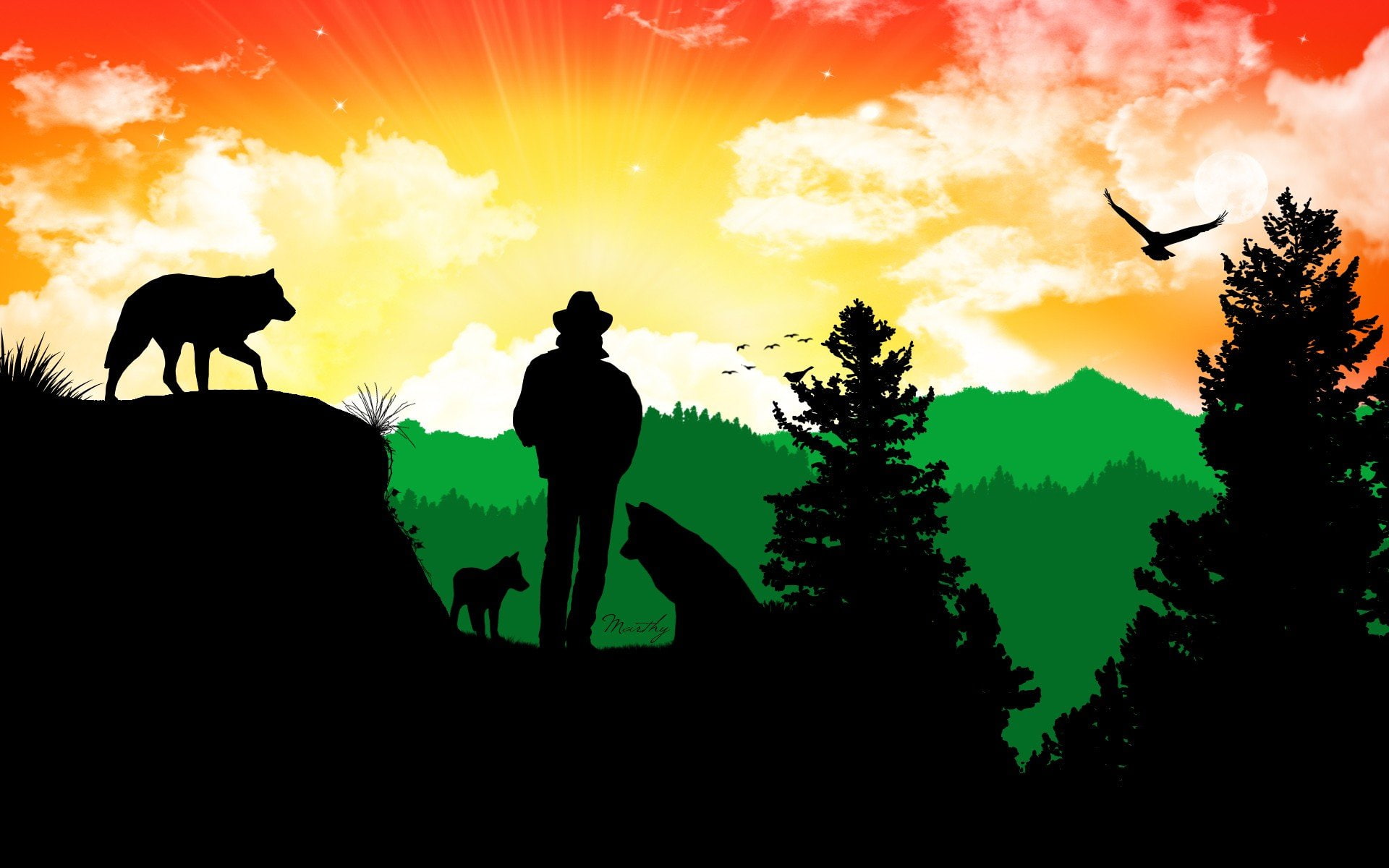 sillhouette, multicolor, 1080P, artwork, wolf, characters, digital, art, guy, HD Wallpaper