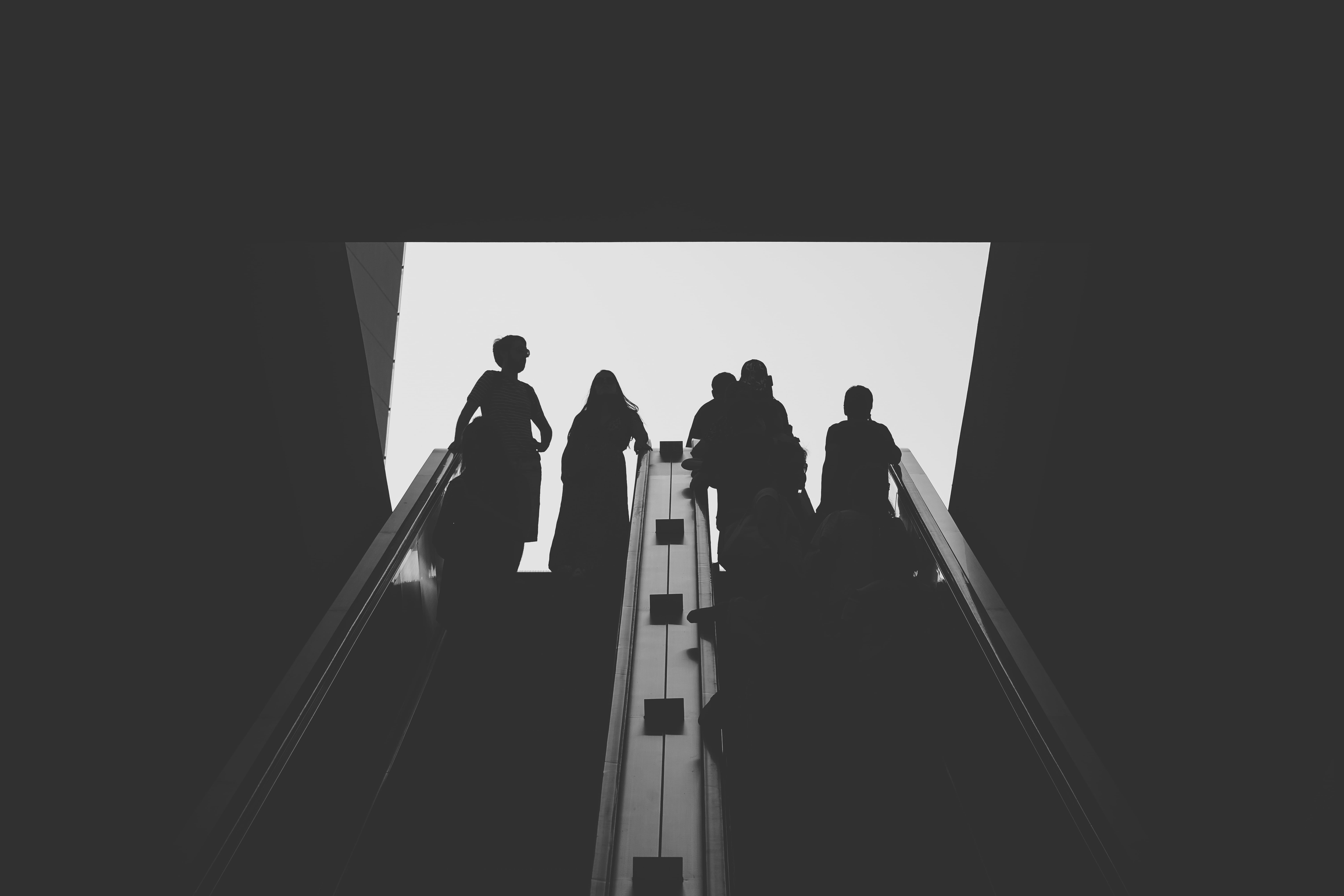 illustration, staircase, togetherness, walking, shadow, sadness, sillhouette, light, group Of People, computer Graphic, singapore, 8K, monochrome, escalator, HD Wallpaper