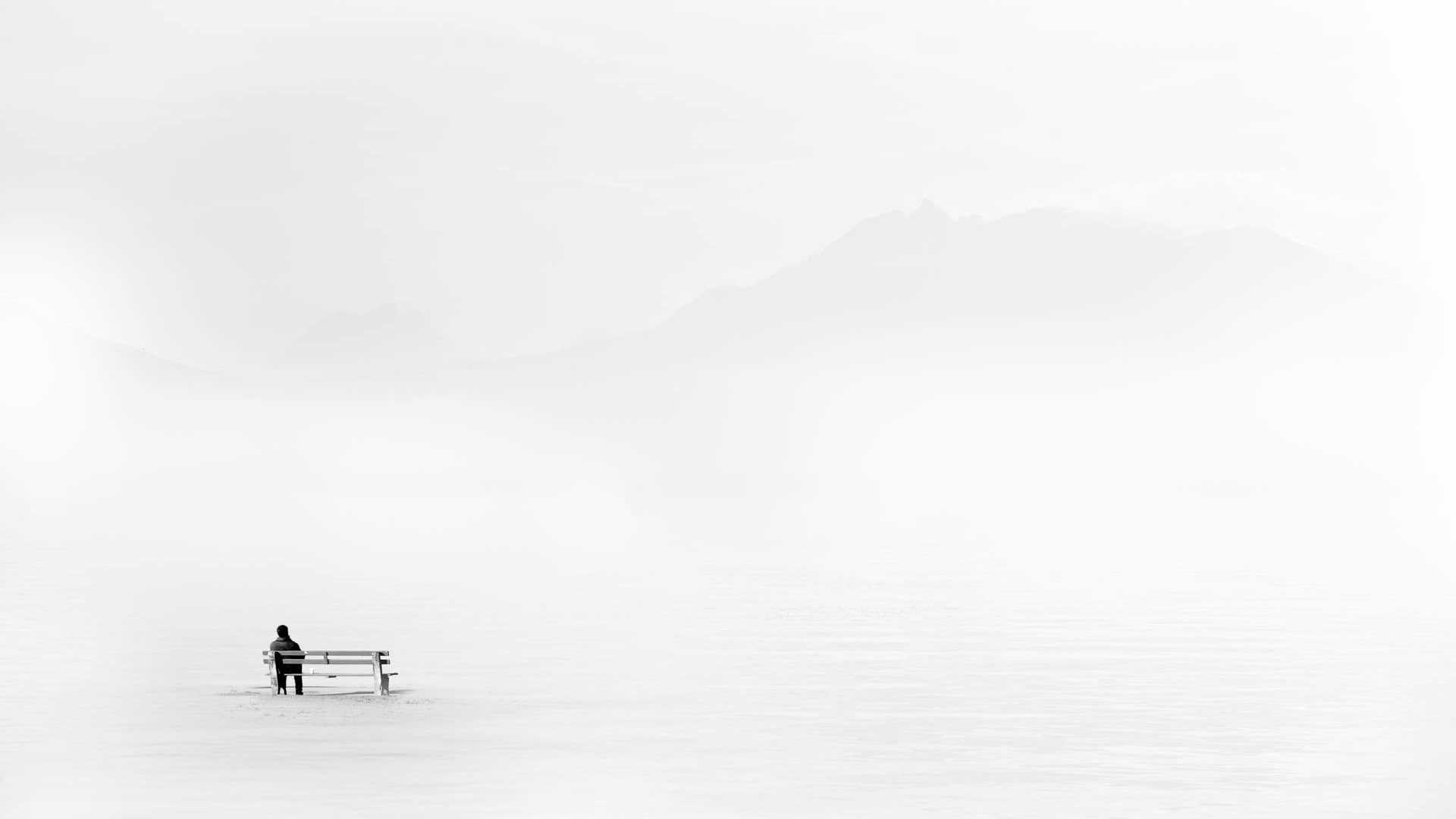 sitting, trip, White Background, people, 1080P, minimalism, tranquility, lake, sport, bench, landscape, beauty in nature, day, Alone, scenics - nature, HD Wallpaper