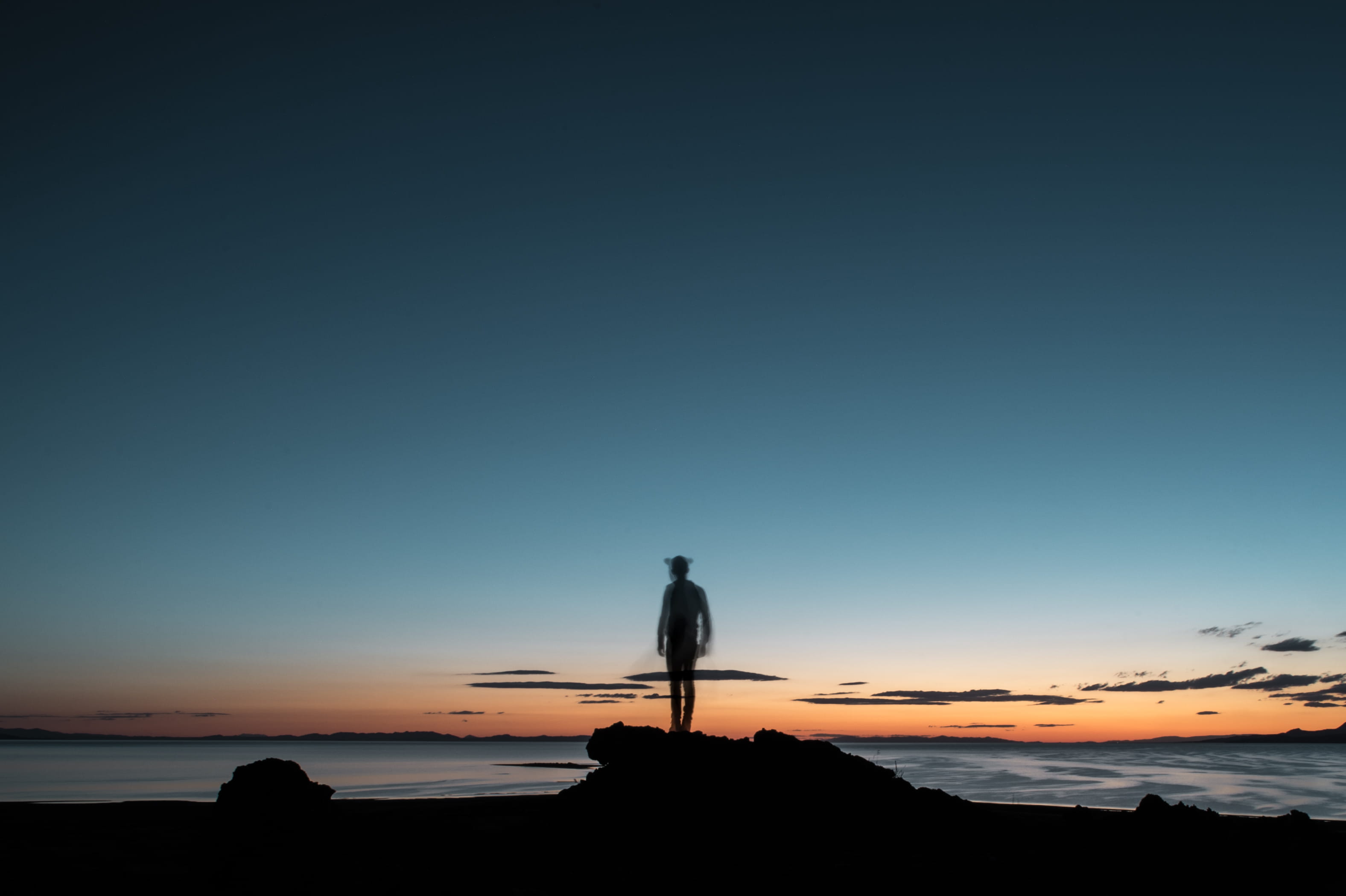 nature, land, scenics - nature, 2K, person, outdoors, silhouette, looking at view, antelope island, one person, photography, sky, beach, walking, red sky, HD Wallpaper
