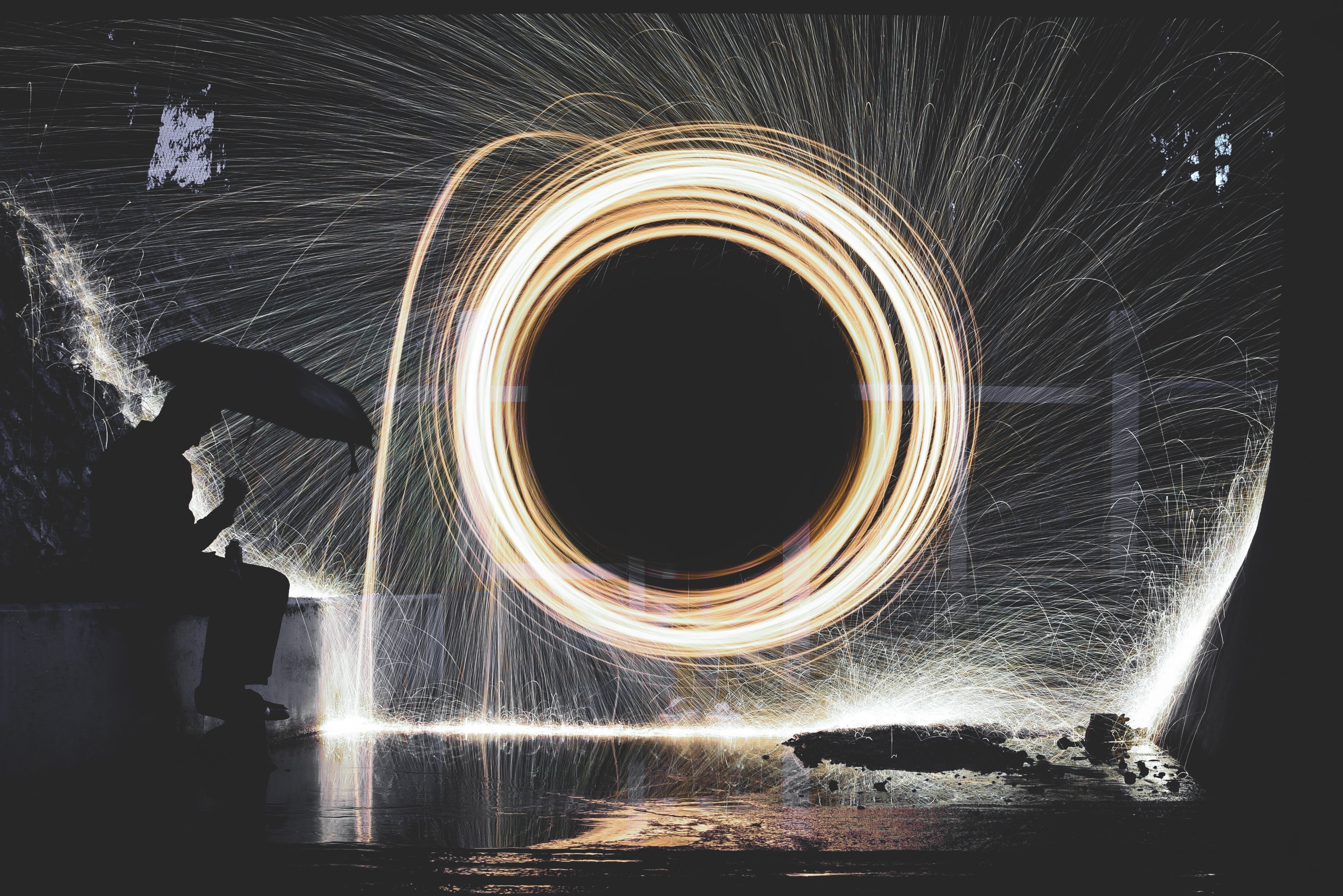 sillhouette, spinning, wire wool, glowing, geometric shape, day, spin, metaphor, light - natural phenomenon, circle, fire, illuminated, digital composite, HD Wallpaper