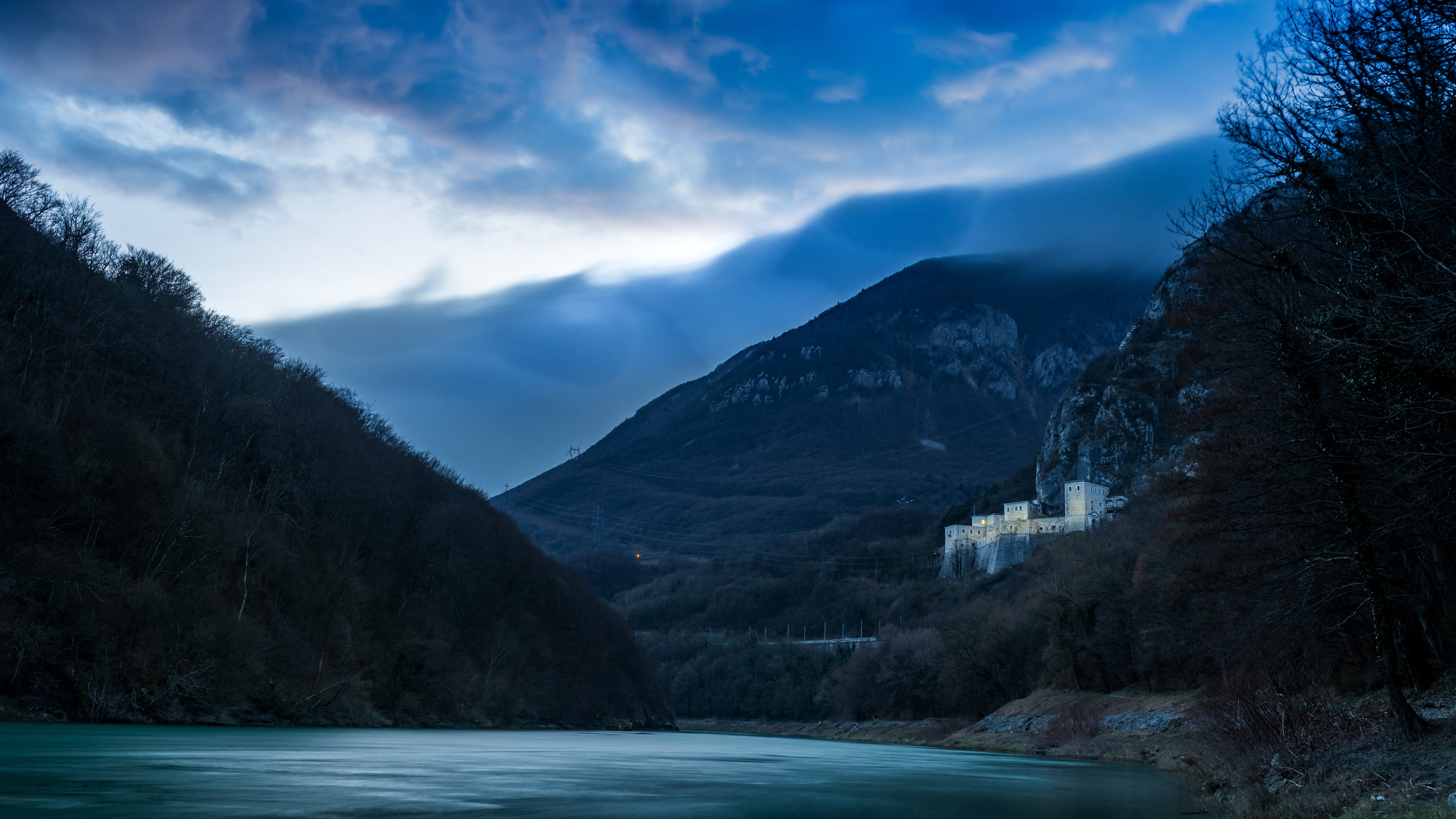 castle, river, blue, powerlines, 4K, mountains, landscape, HD Wallpaper