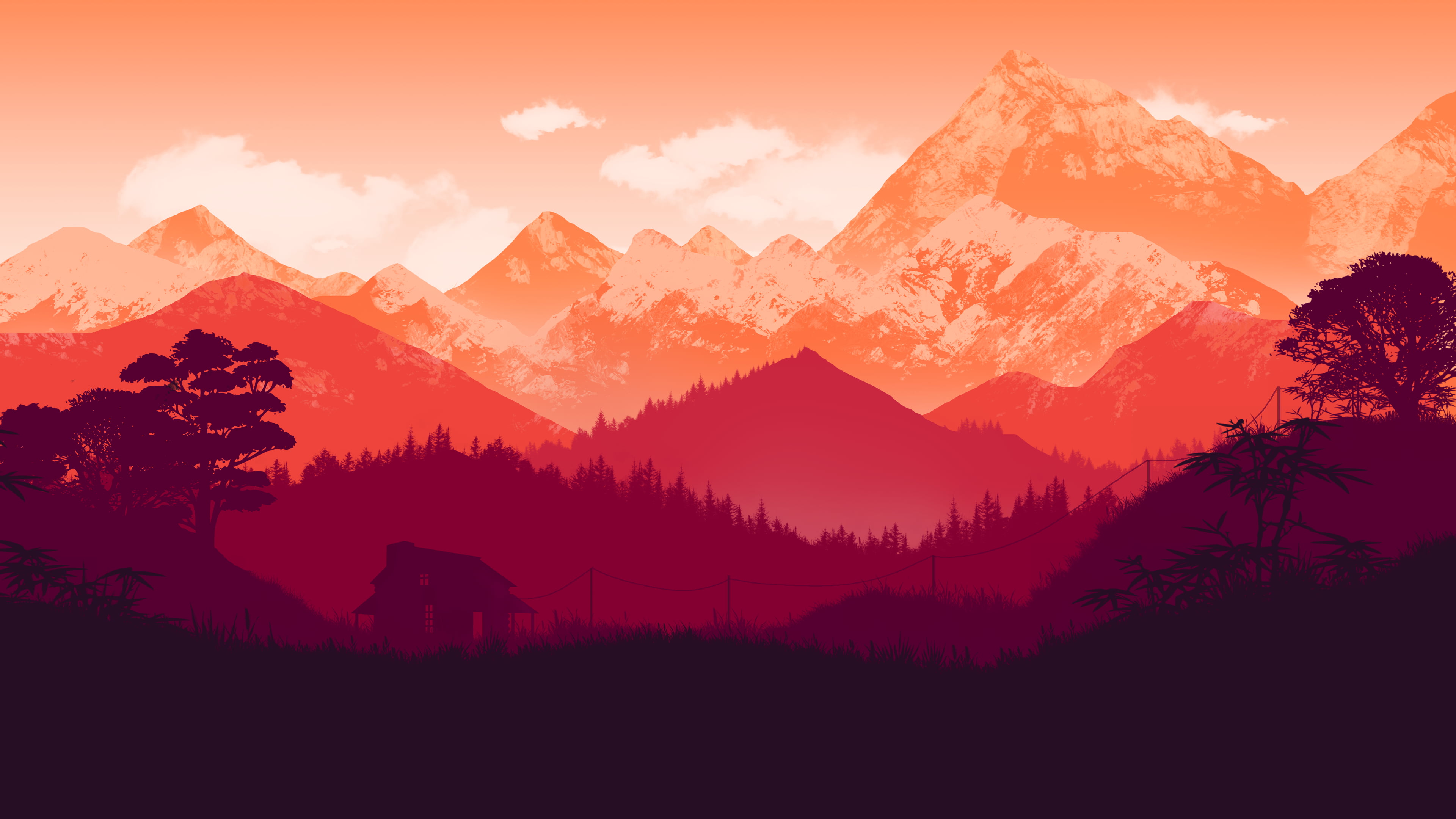 4K, clouds, digital, artwork, forest, house, powerlines, mountains, dusk, HD Wallpaper