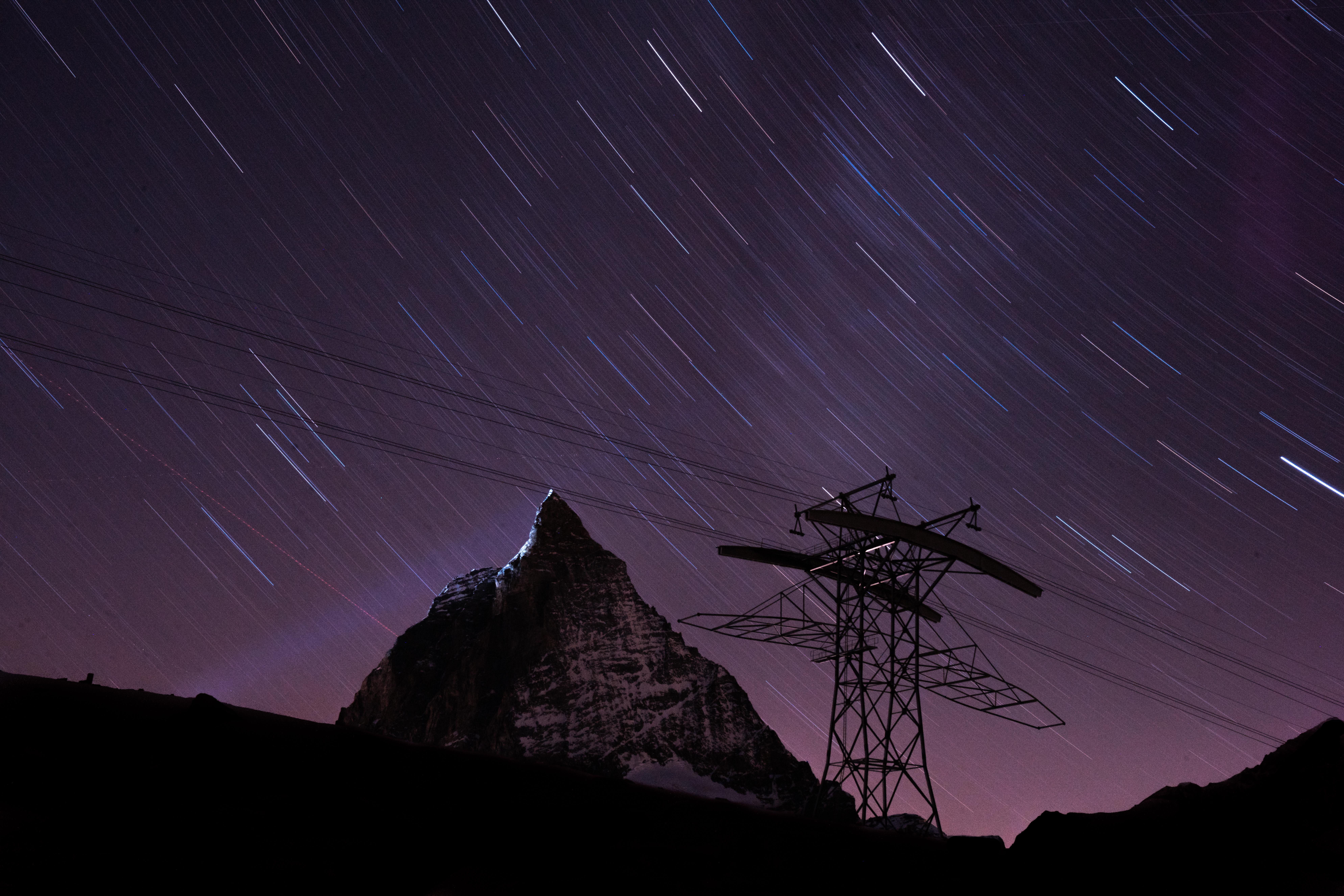low angle view, mountain peak, dark, astronomy, winter, no people, space and astronomy, electric, nature, scenics - nature, idyllic, star trail, science, HD Wallpaper