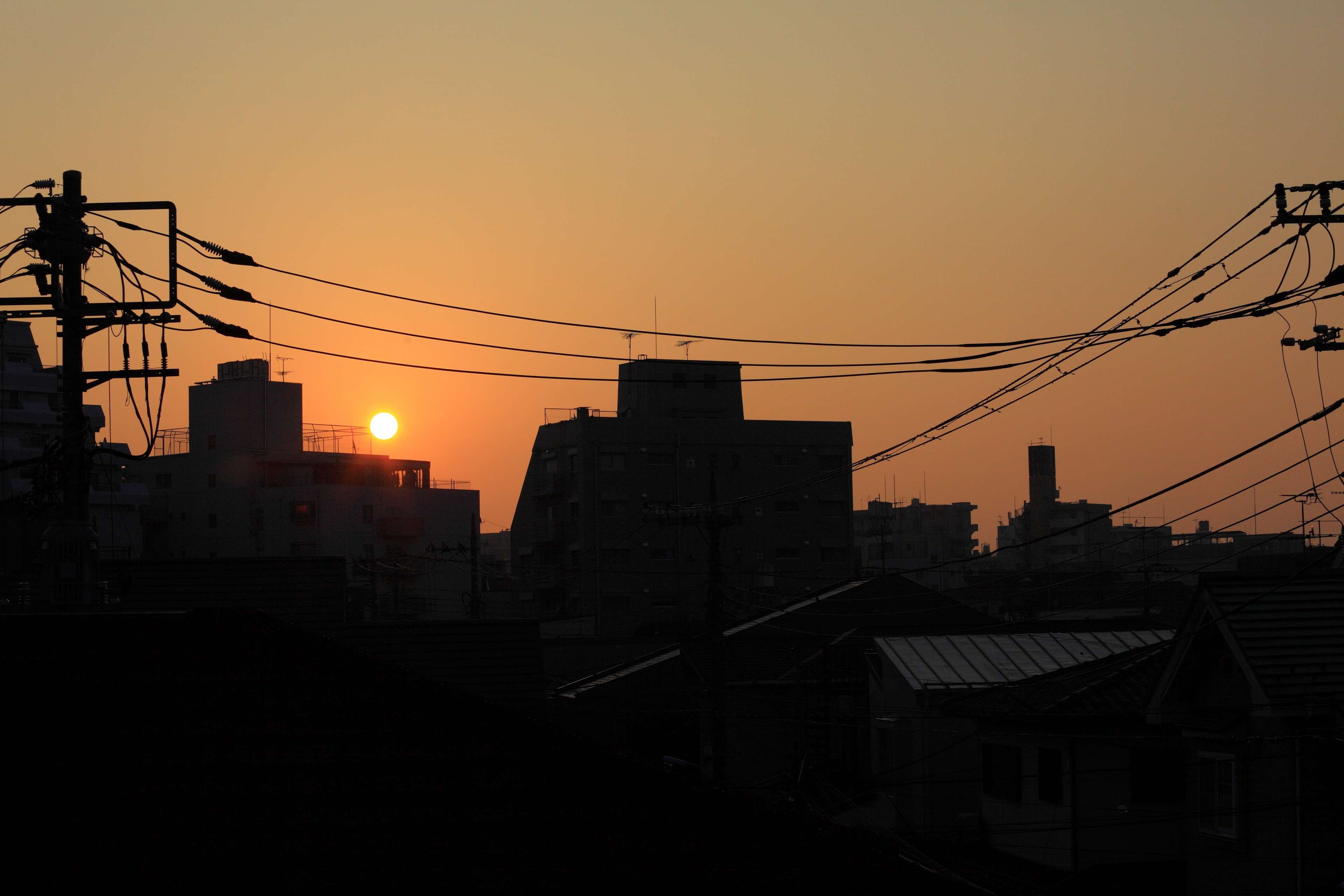 no people, orange color, orange, tokyo, sun, japan, 4K, built structure, outdoors, electricity, power supply, house, city, technology, hometown, power line, HD Wallpaper
