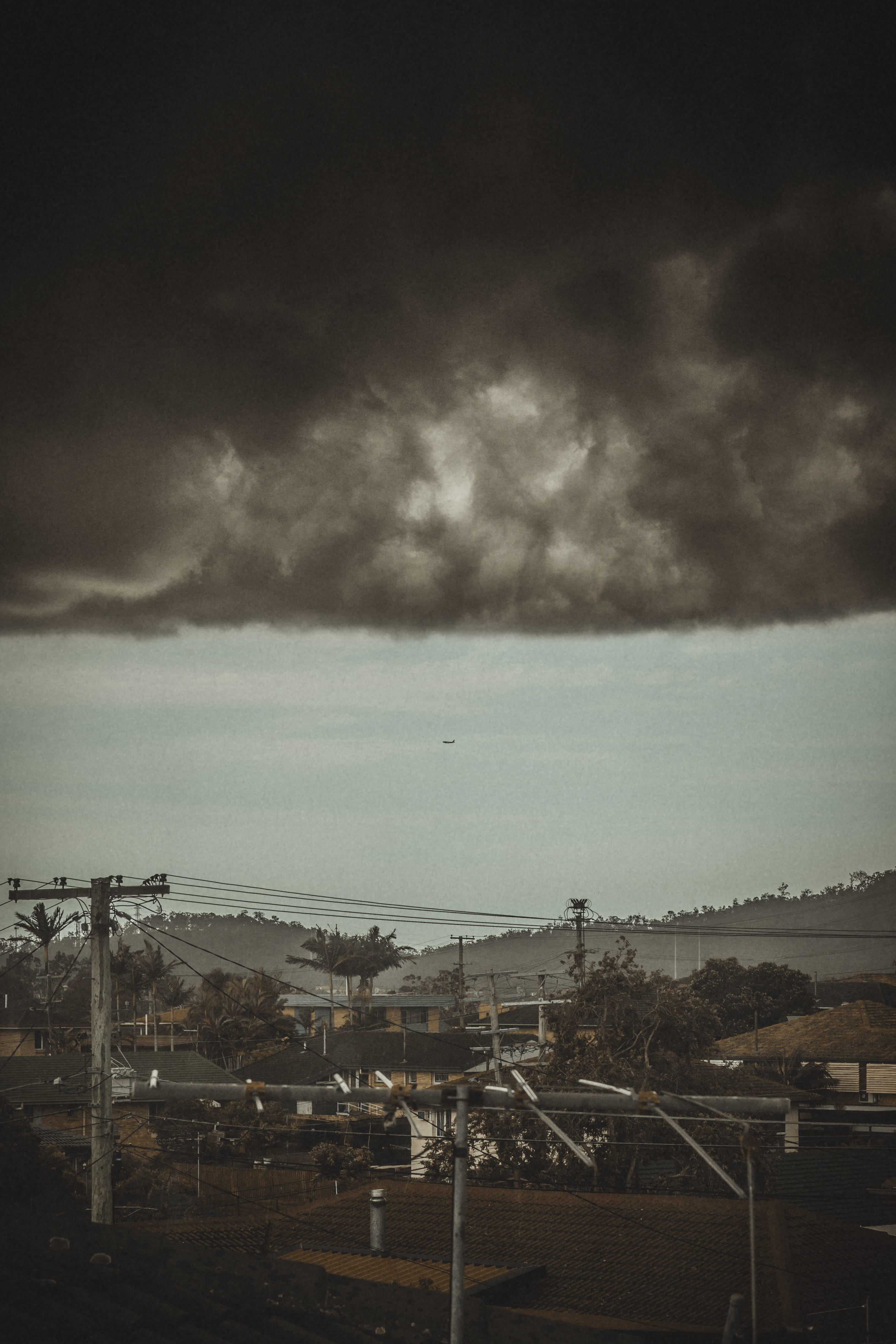 residential district, built structure, city, trees, air, seperate, architecture, urban, construction industry, plane, powerline, separation, wild, mysterious, Phone HD Wallpaper