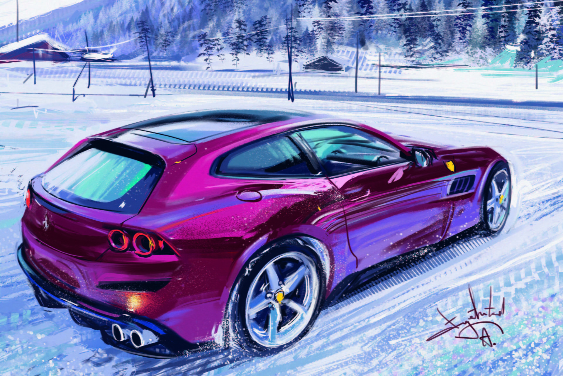Ferrari, 1080P, snow, Aleksandr Sidelnikov, snow covered, winter, trees, powerlines, HD Wallpaper