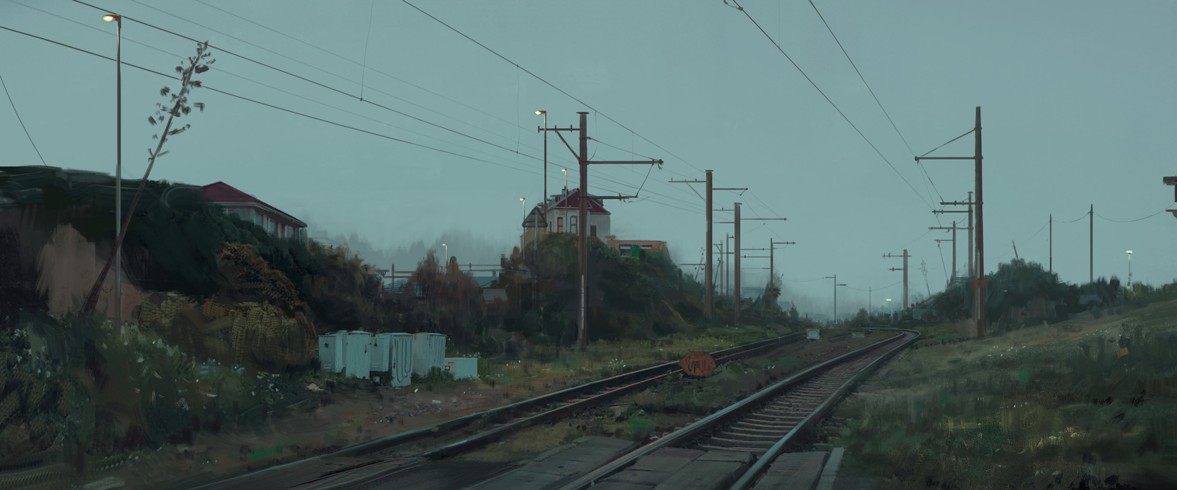 railway, Jonny Sun, utility pole, house, digital art, 4K, powerlines, HD Wallpaper