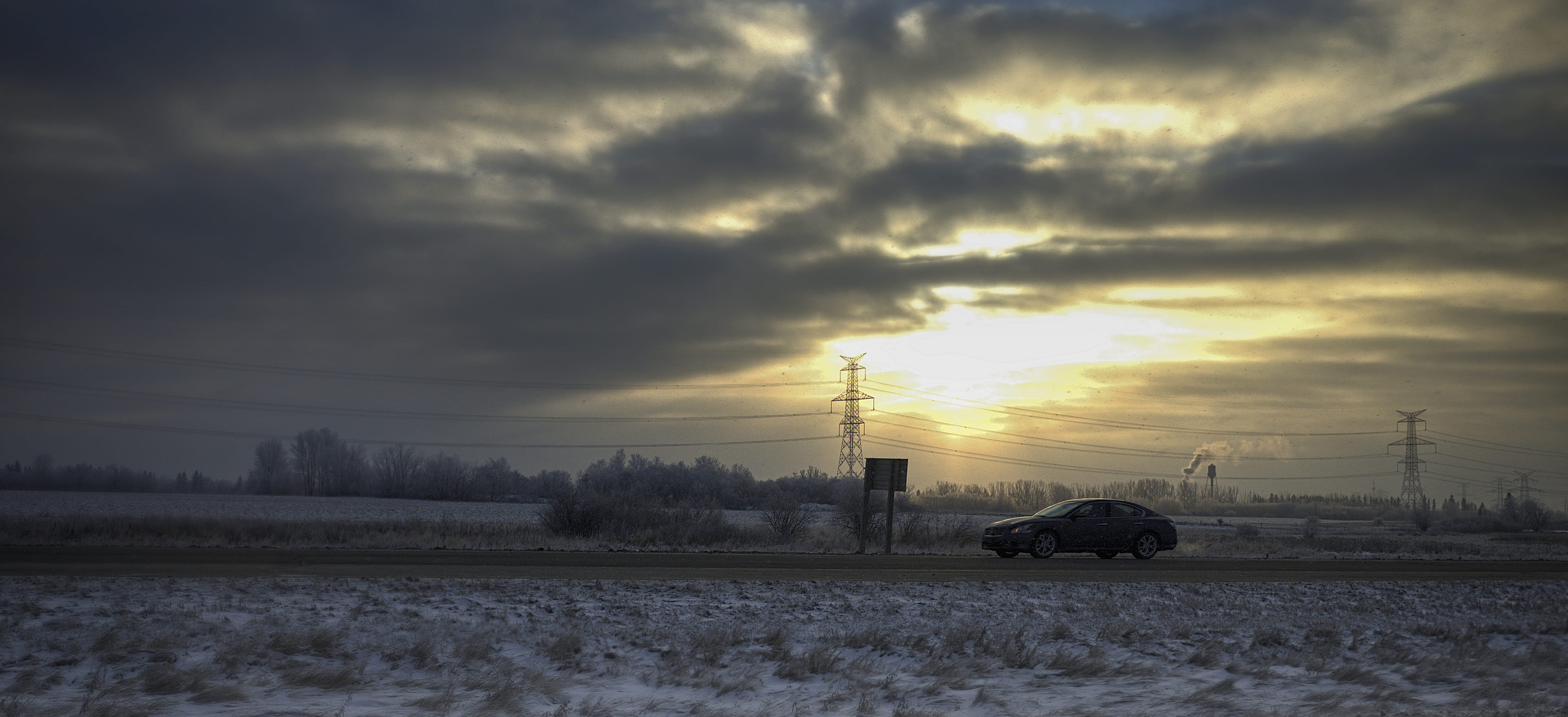 storm, landscape, no people, cold temperature, snow, vacation, sunsetting, sun, winter, transport, sunset, cloud - sky, sunny, motor vehicle, transportation, HD Wallpaper