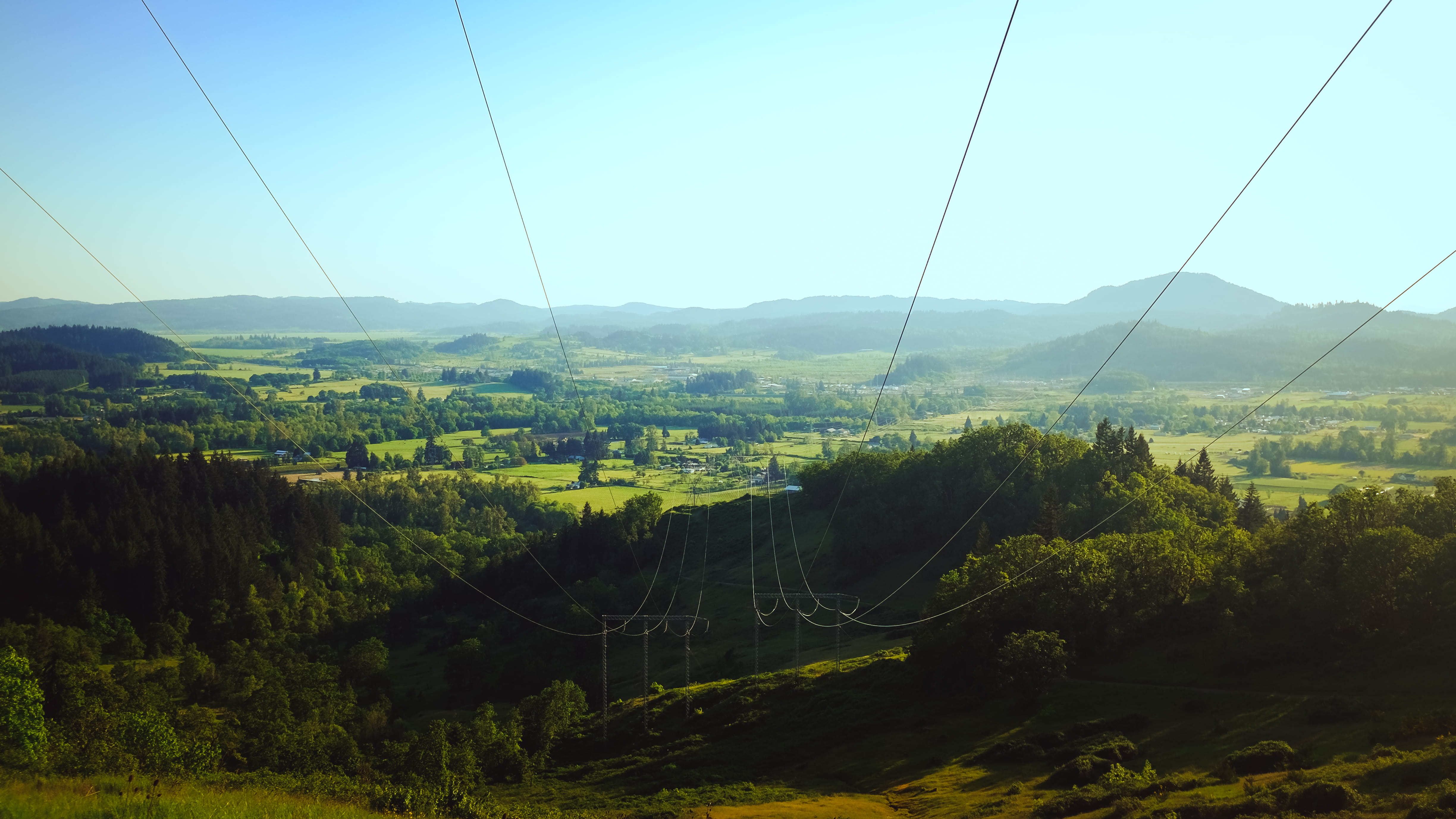 beauty in nature, electricity, nature, powerlines, green color, clear sky, vista, united states, 4K, mountain, tree, landscape, environment, plant, day, HD Wallpaper