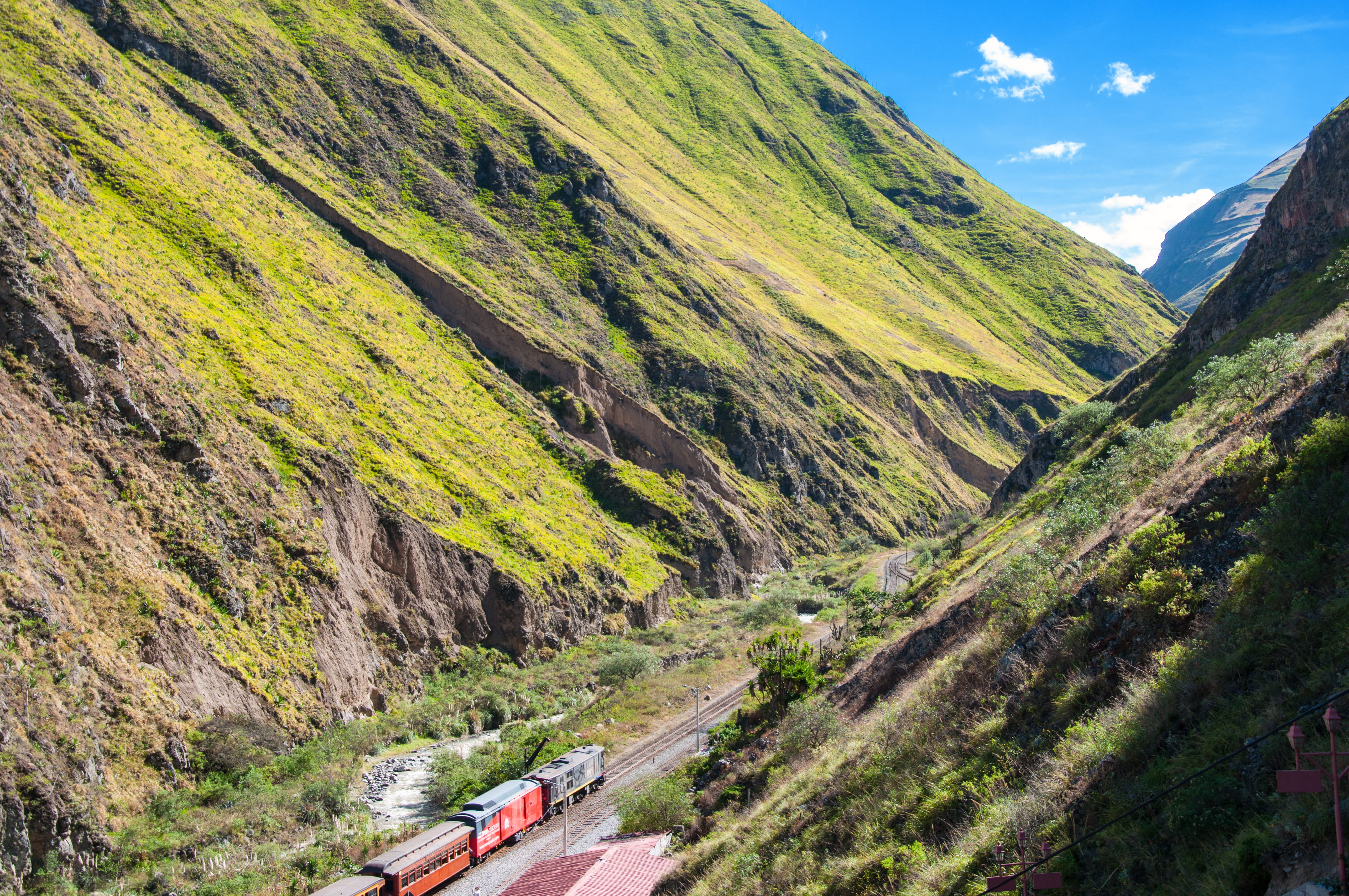 track, red, day, hillside, mountain, no people, railway, rock, scenics - nature, beauty in nature, land, train, sky, transportation, valley, nature, tranquil scene, HD Wallpaper