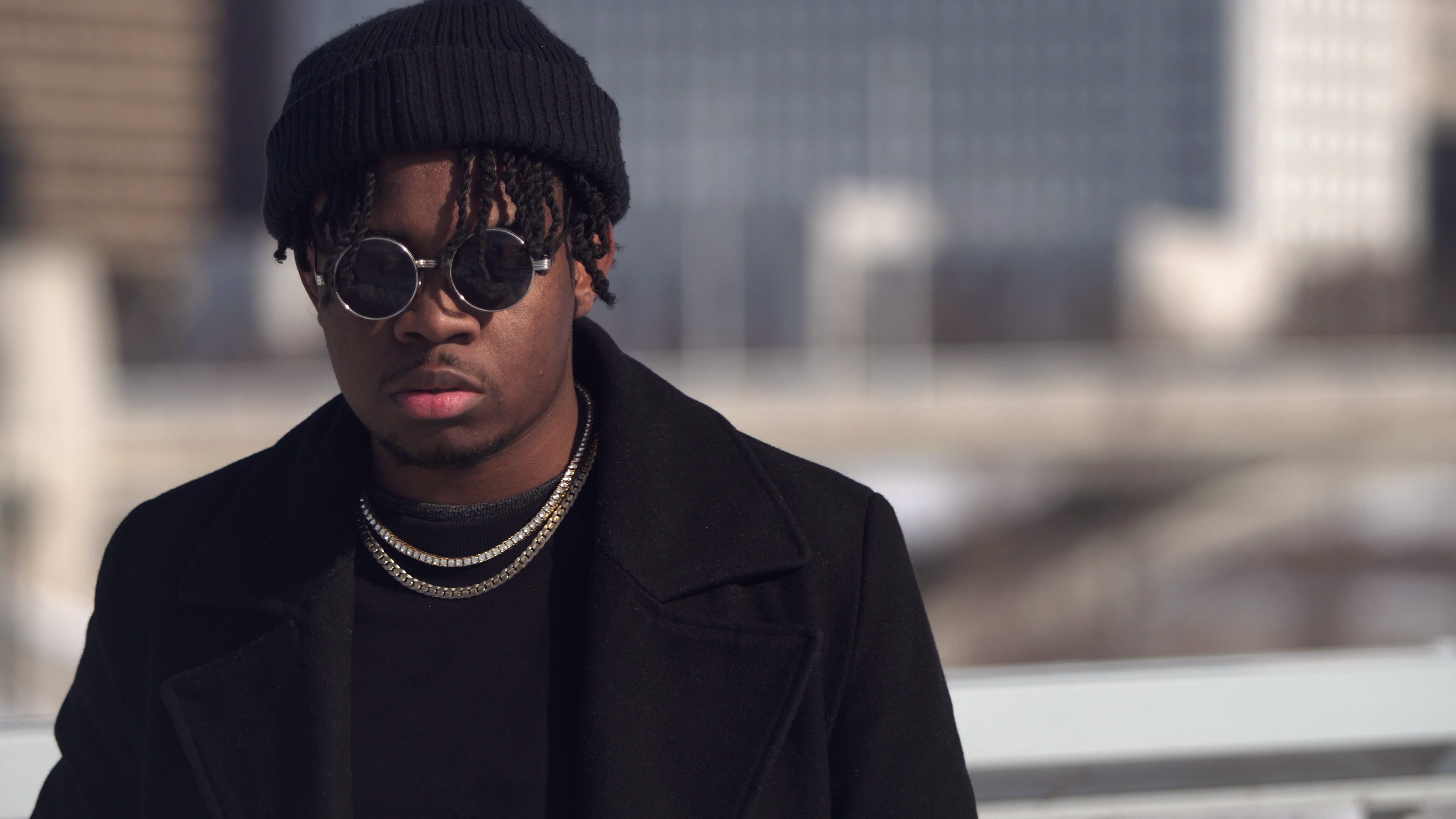 man, wearing, person, outdoors, standing, accessory, casual clothing, apparel, 4K, clothing, beanie, skyline, hip hop, men, black color, real people, portrait, HD Wallpaper