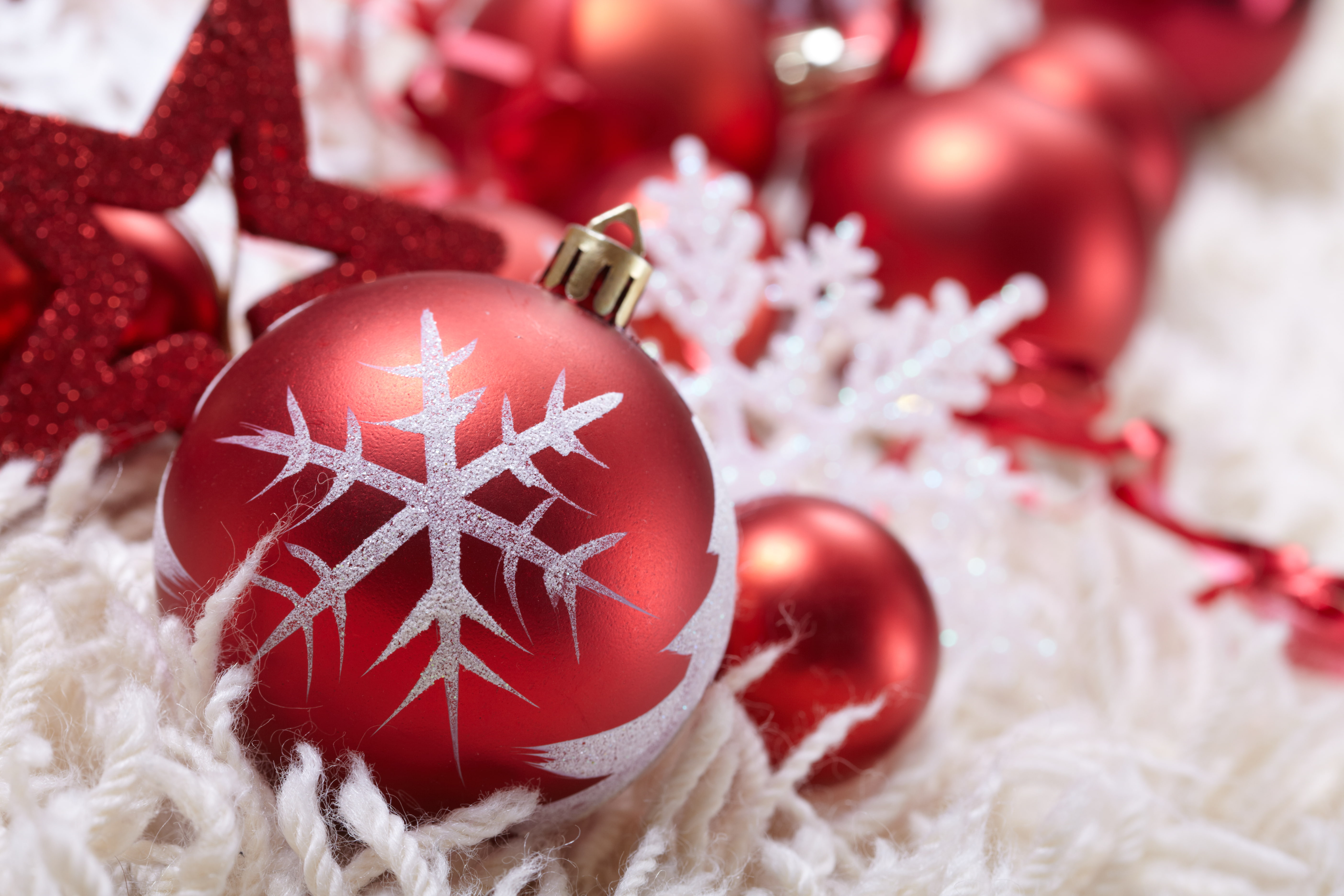 Christmas, holiday - event, star shape, shiny, star, toy, 5K, close-up, baubles, snowflake, celebration, red, indoors, christmas Decoration, ball, backgrounds, HD Wallpaper