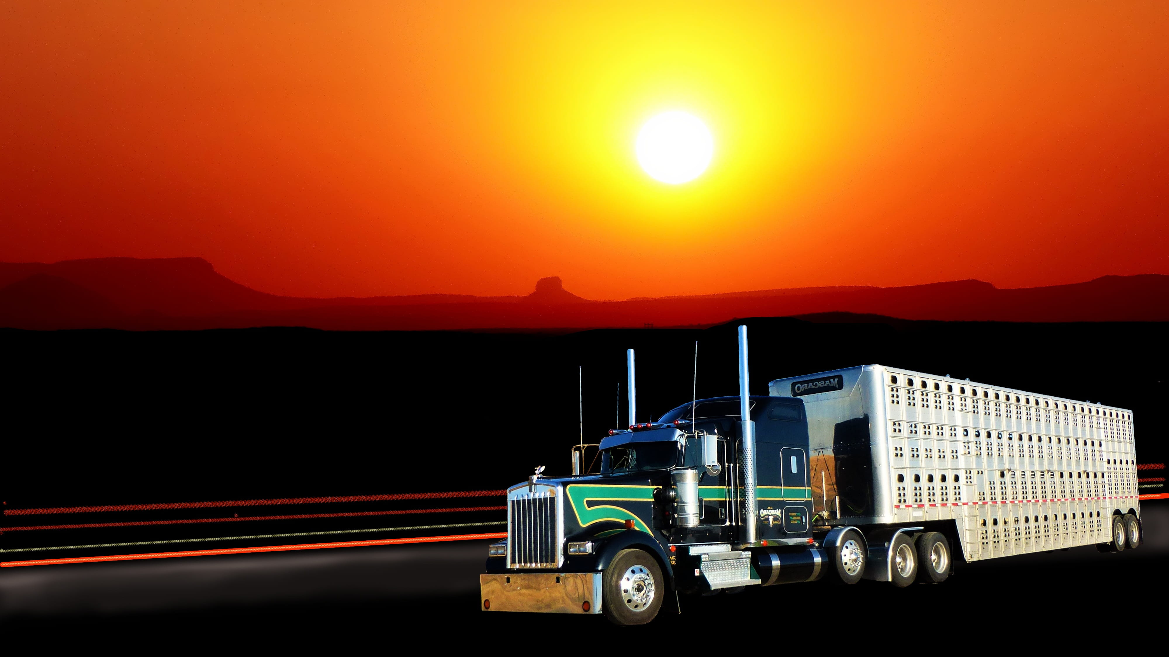 motion, mountain, color, twilight, trucking, outdoors, parking, rest, shipping, 4K, truck american, no people, darkness, land vehicle, evening, motor vehicle, HD Wallpaper