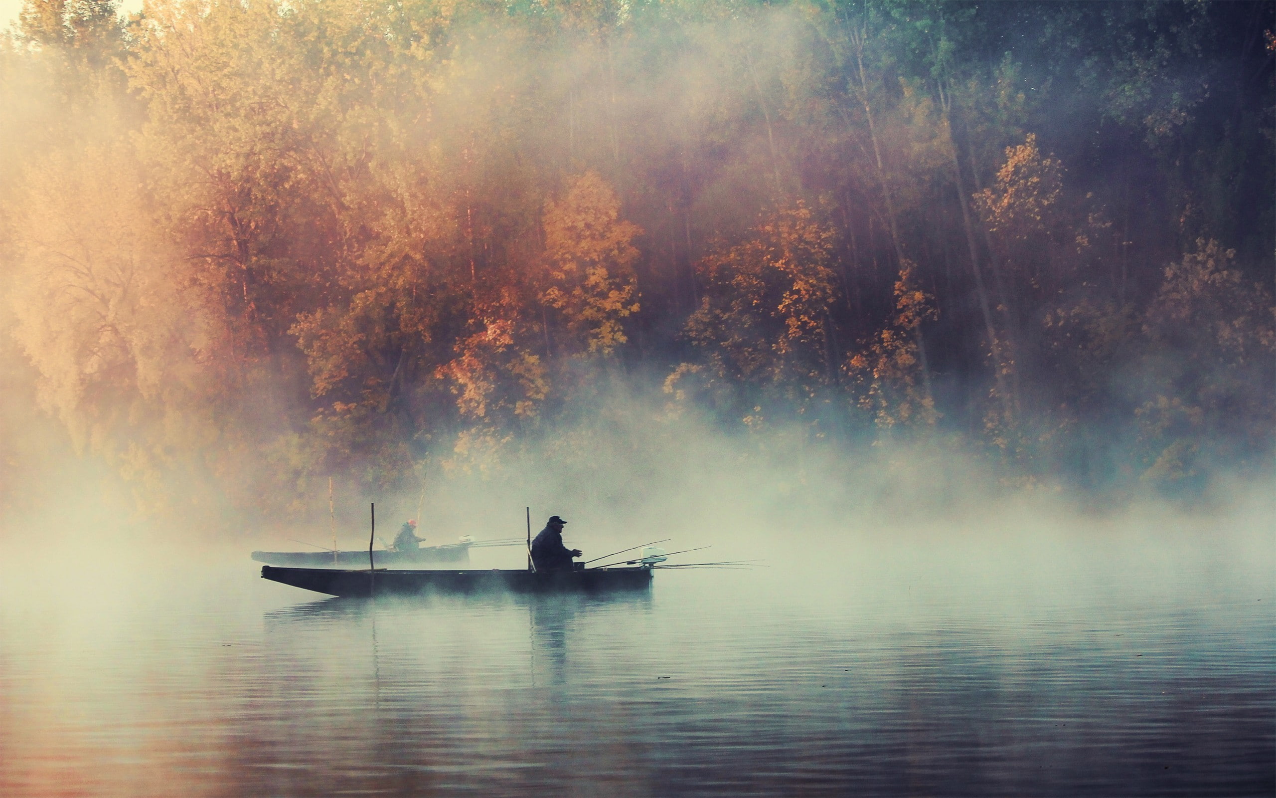 fishing, boat, nature, lake, forest, trees, smoke, mist, 2K, water, HD Wallpaper