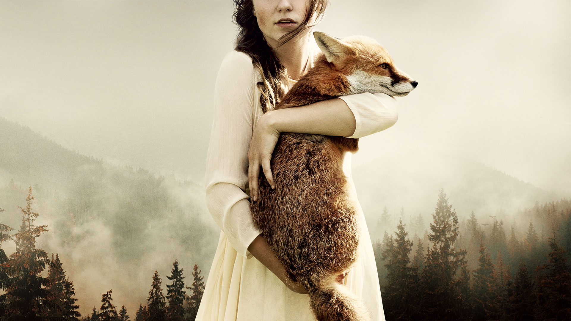 landscape, pine trees, forest, animals, Photoshop, white dress, mist, trees, women, Martin Stranka, nature, long hair, fox, brunette, 1080P, HD Wallpaper