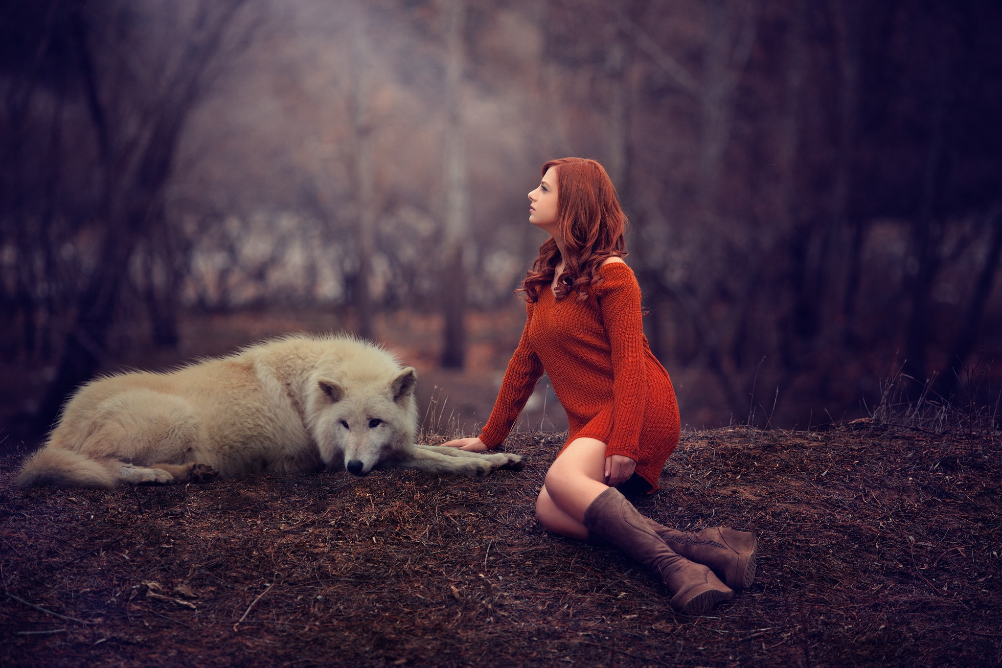 forest, women outdoors, Photoshop, animals, 1080P, redhead, wolf, women, HD Wallpaper