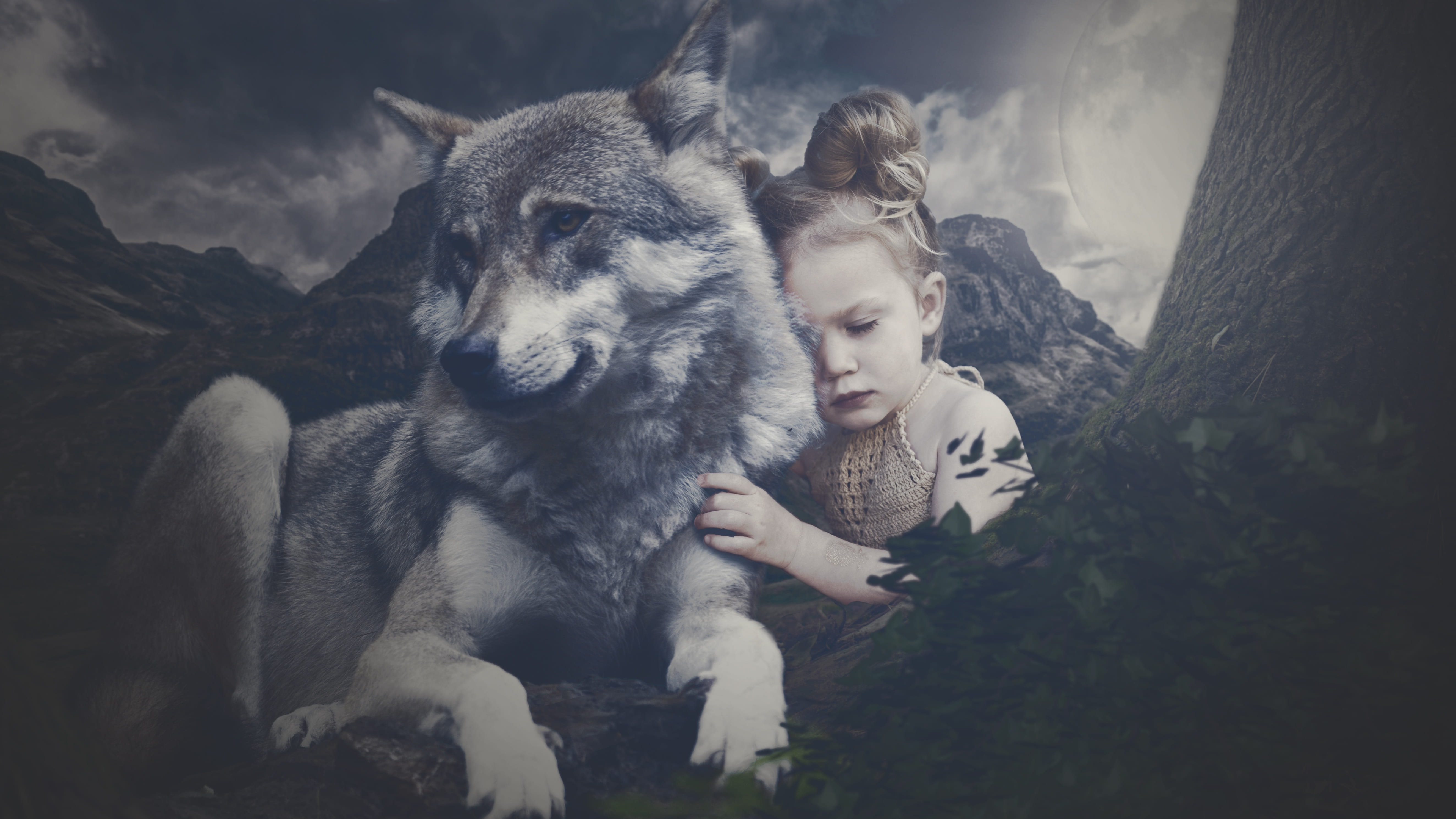 real people, outdoors, nature, domestic animals, girl, mammal, land, animal, pets, landscape, night, one animal, moon, lifestyles, wolf, women, tree, child, HD Wallpaper