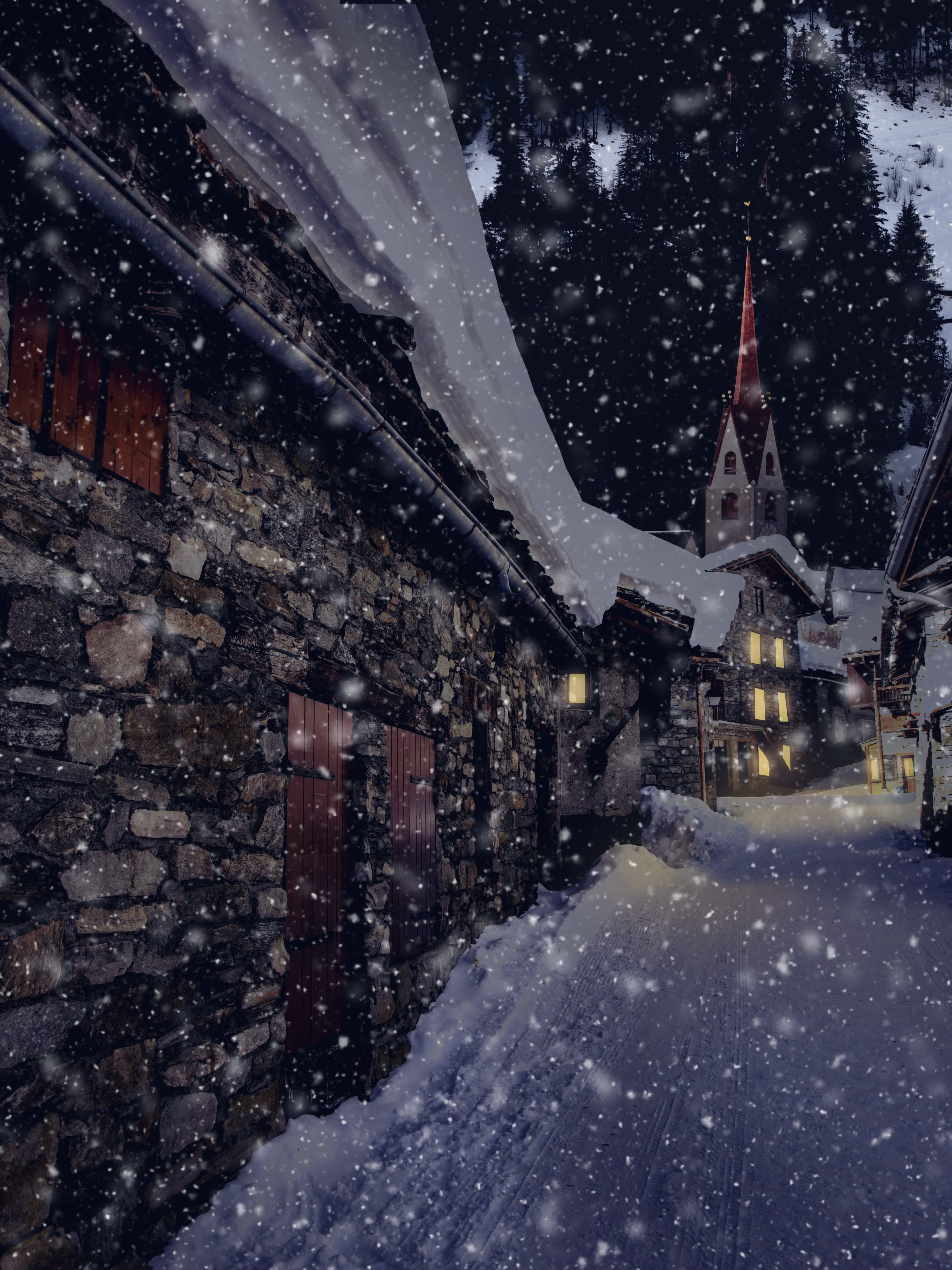 city, atmospheric winter landscape, twilight, snowing, winter village, evening, extreme weather, building exterior, lighting, frozen, snowy light mood, Phone HD Wallpaper