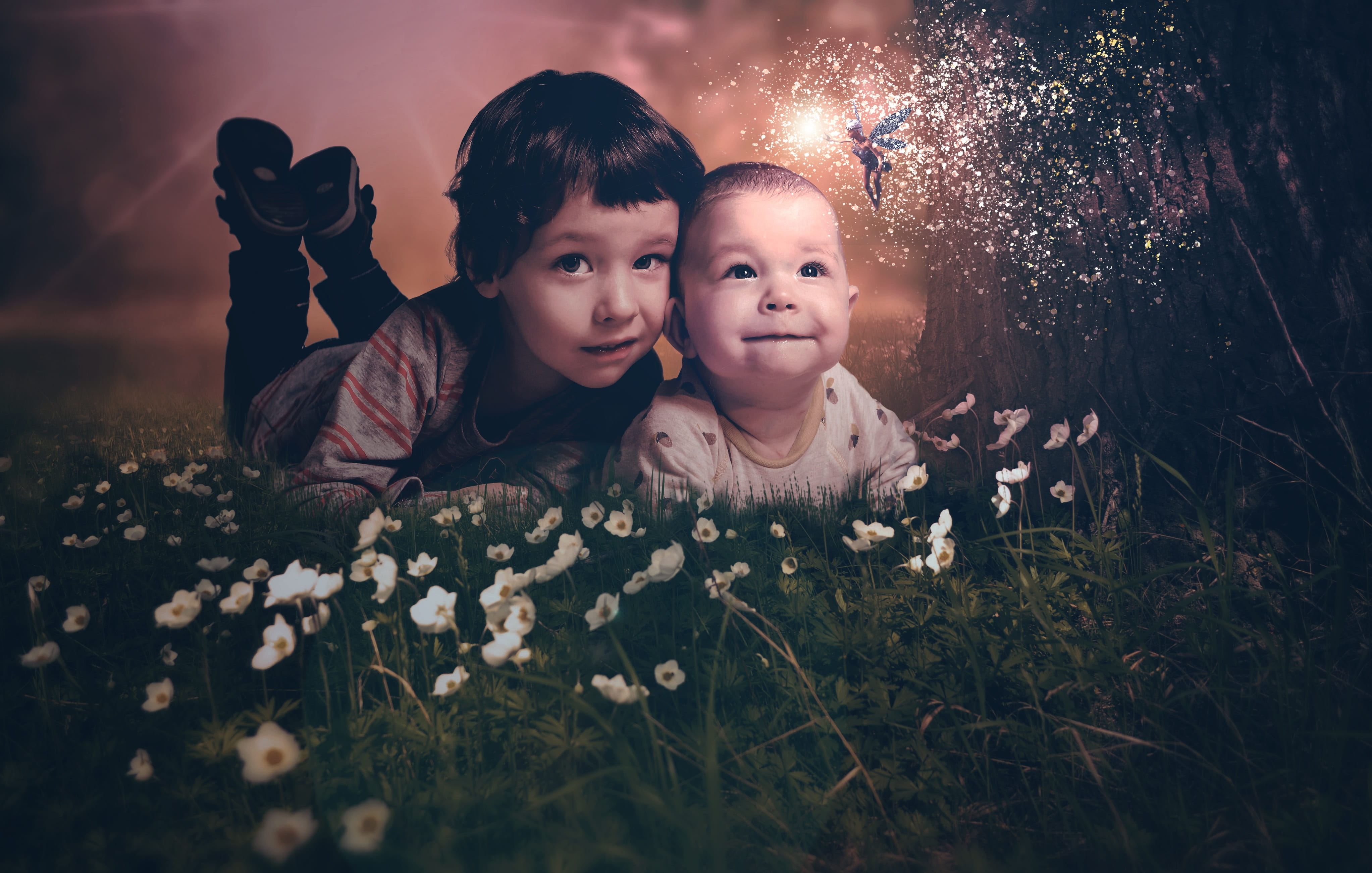 nature, innocence, portrait, males, togetherness, sister, two people, fairy tales, real people, family, lifestyles, childhood, stardust, flower, glitter, HD Wallpaper