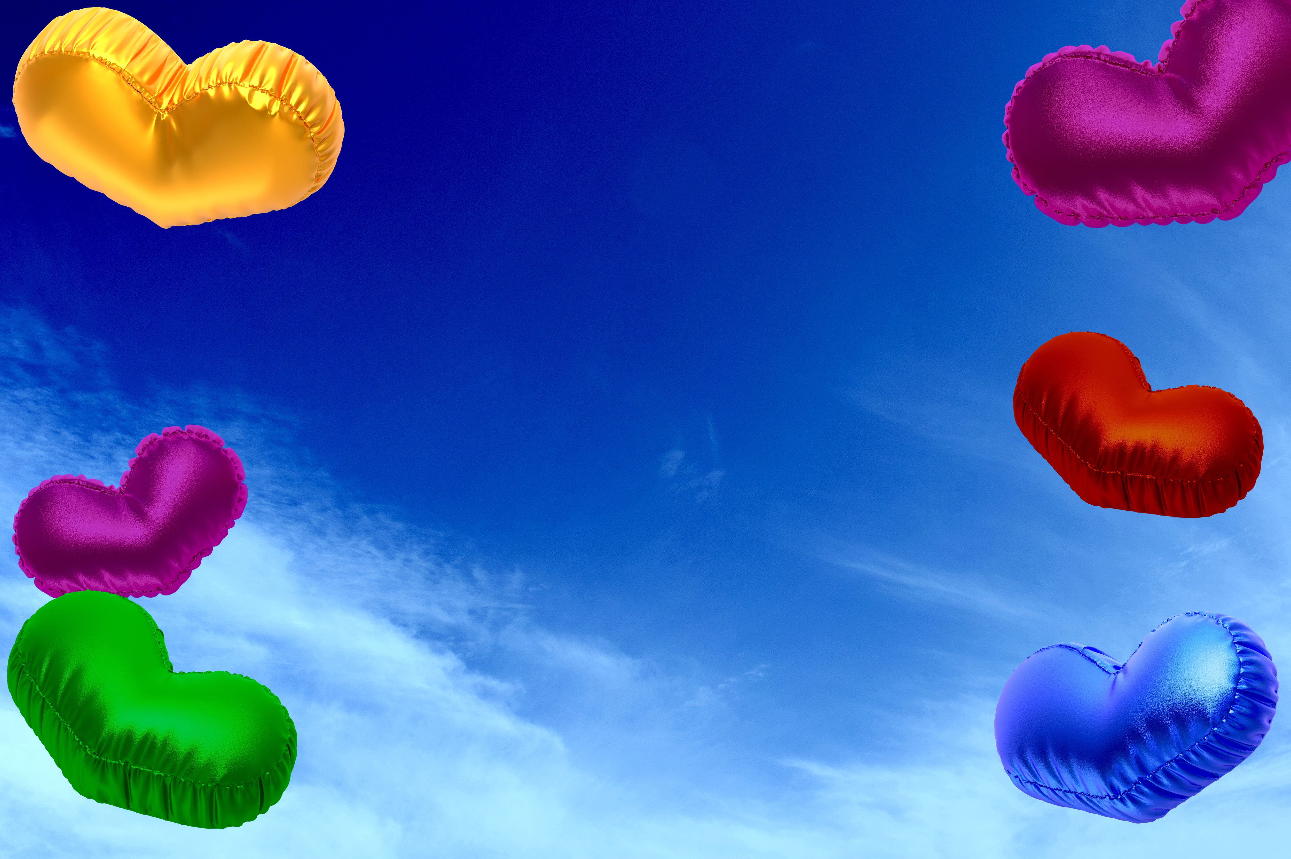 beauty in nature, celebration, upgrade, positive emotion, helium, valentines day - holiday, blue, 4K, air, heart shape, multi colored, heart, lightweight, HD Wallpaper